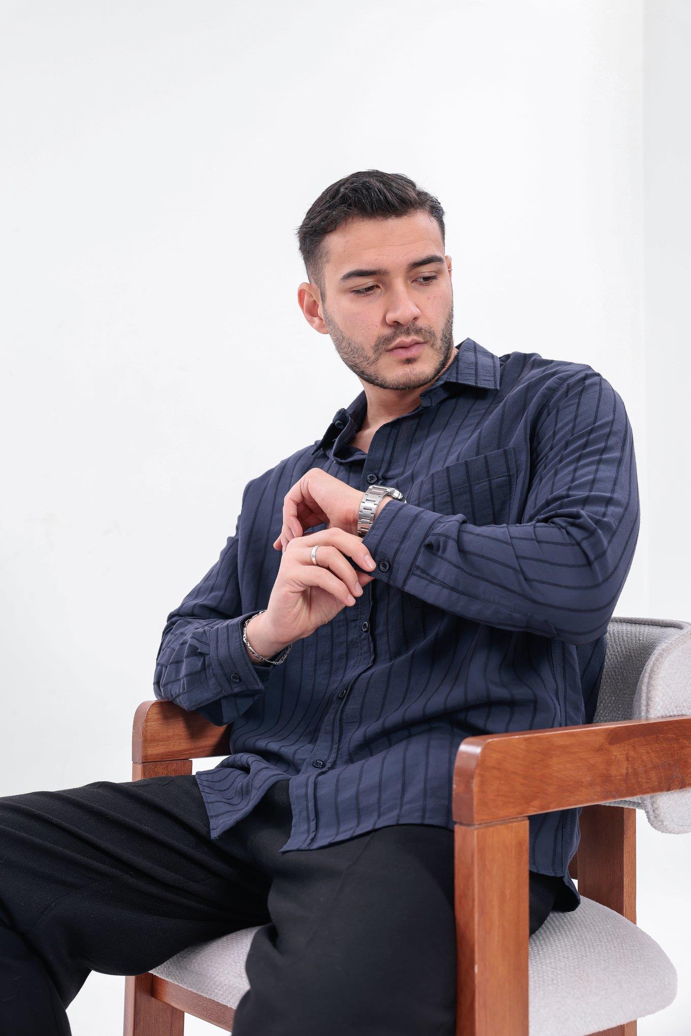 Oversize Çizgili Modal Gömlek Lacivert