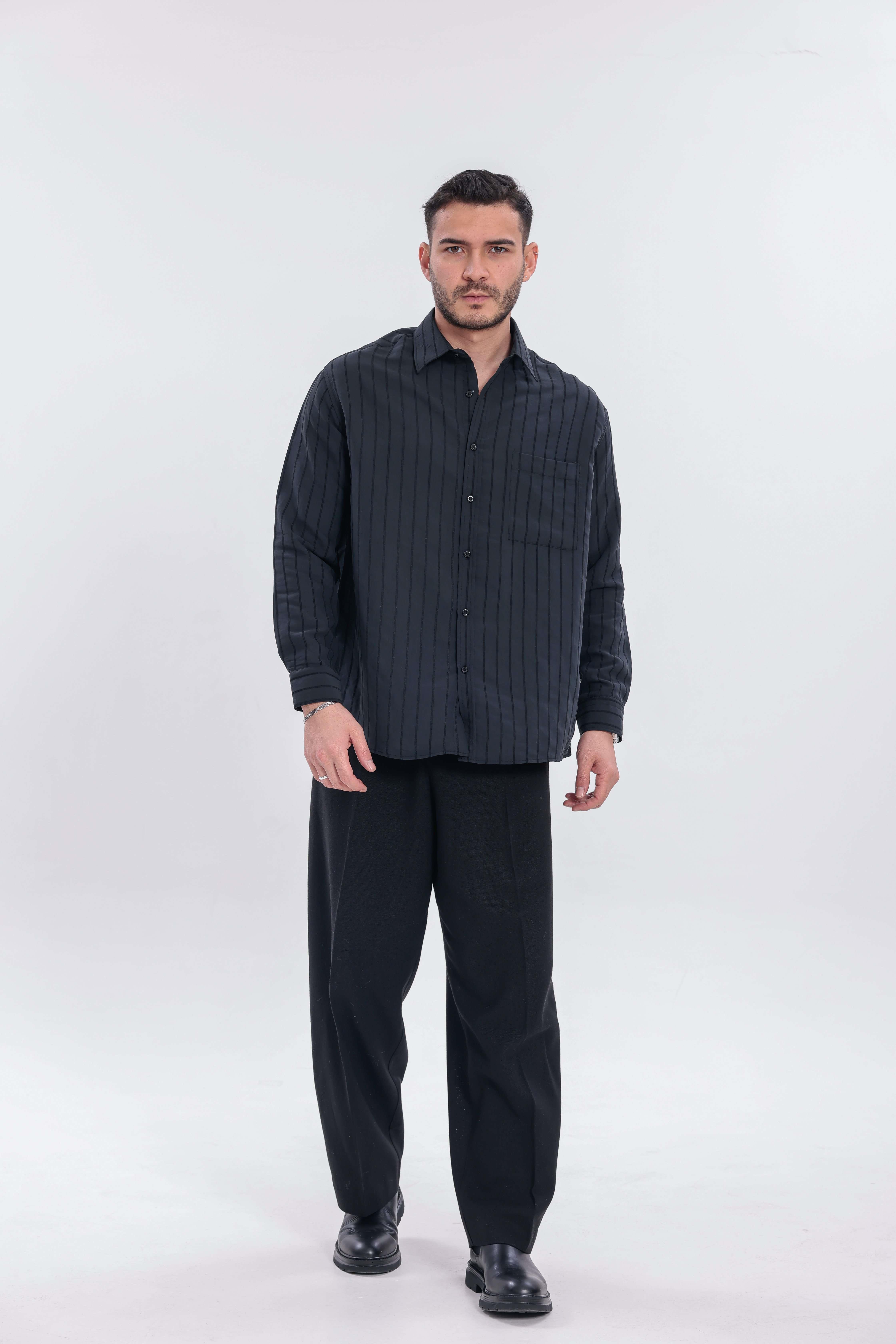 Oversize Çizgili Modal Gömlek Siyah