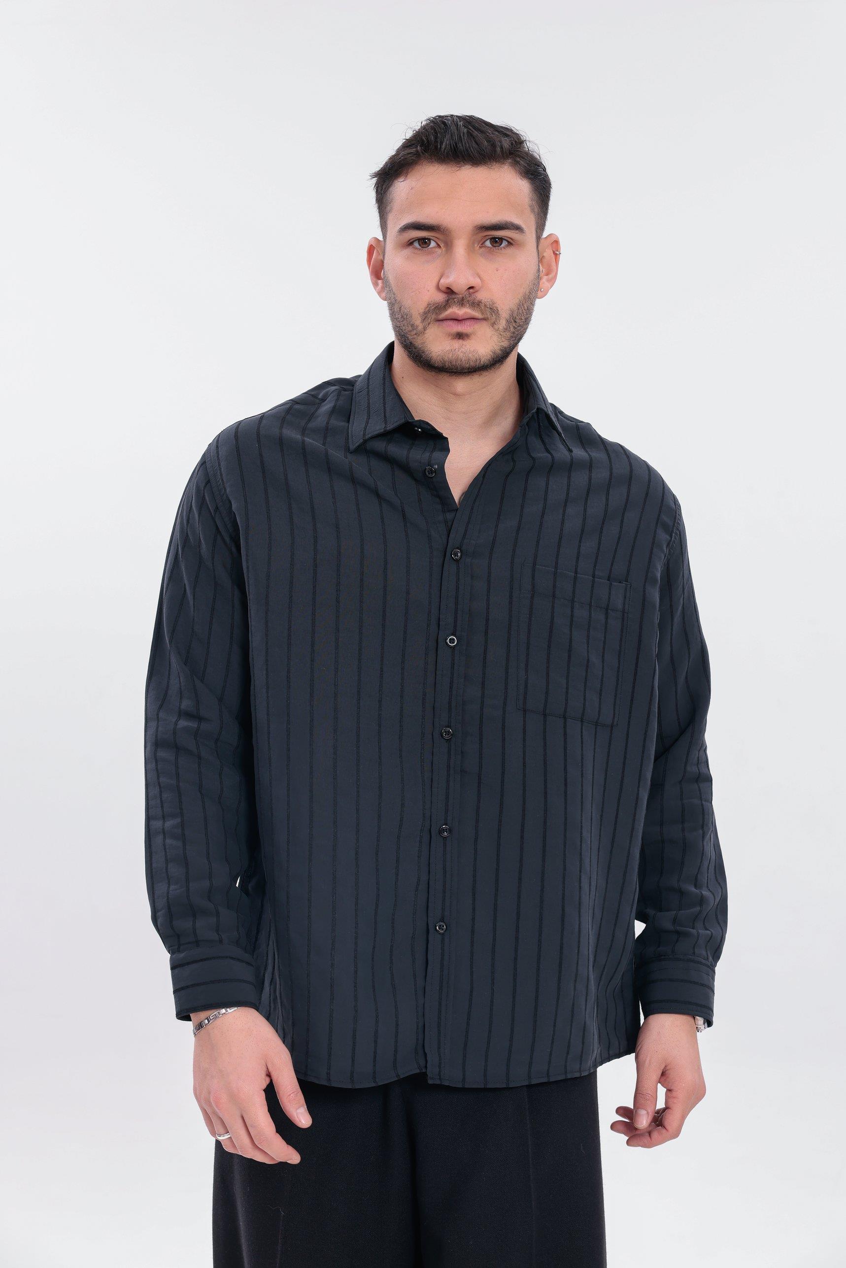 Oversize Çizgili Modal Gömlek Siyah