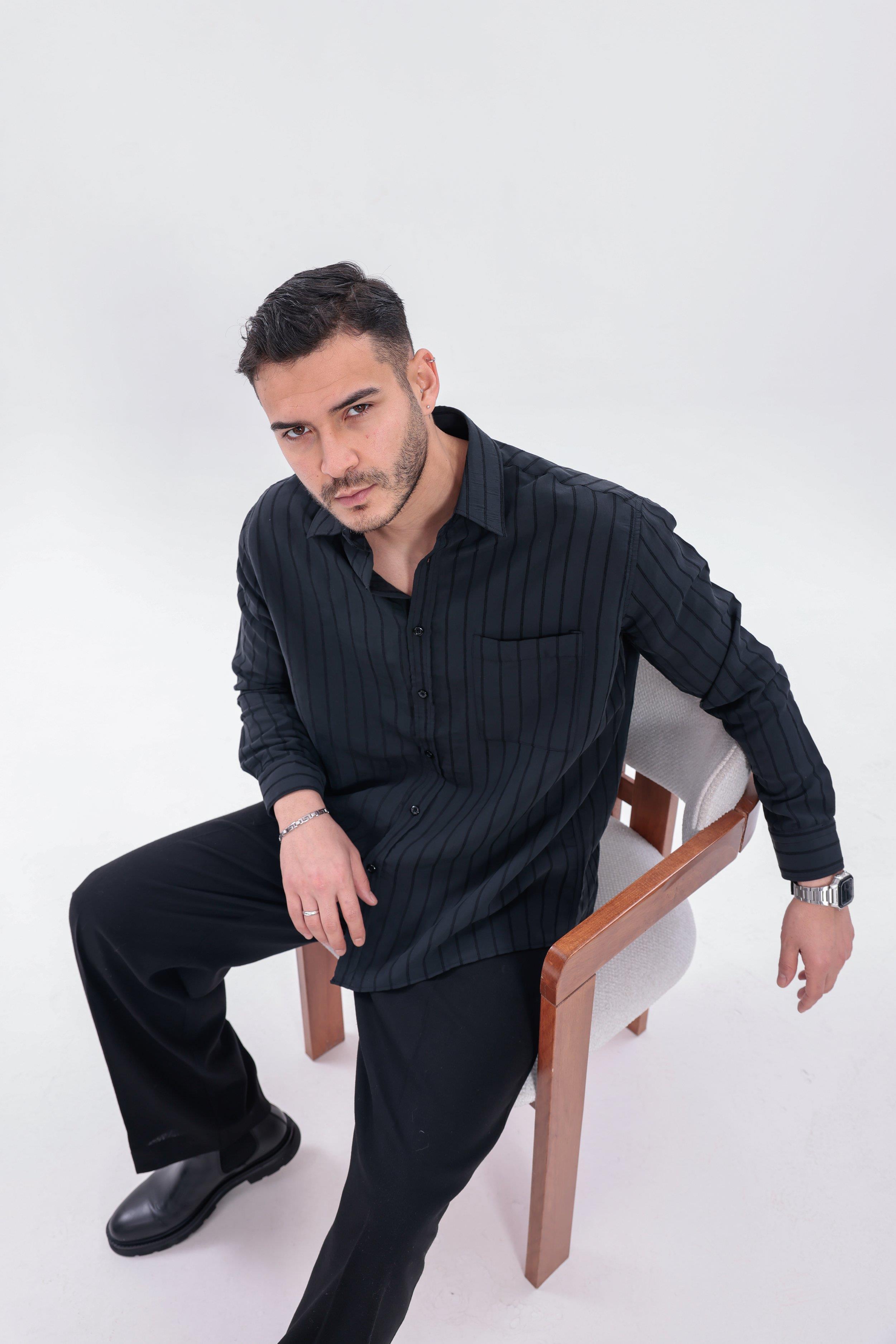 Oversize Çizgili Modal Gömlek Siyah