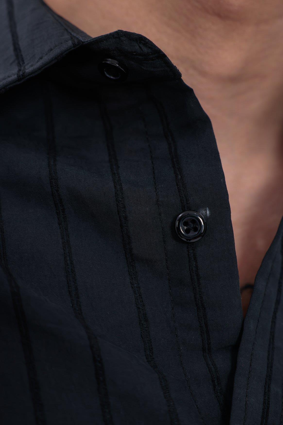 Oversize Çizgili Modal Gömlek Siyah