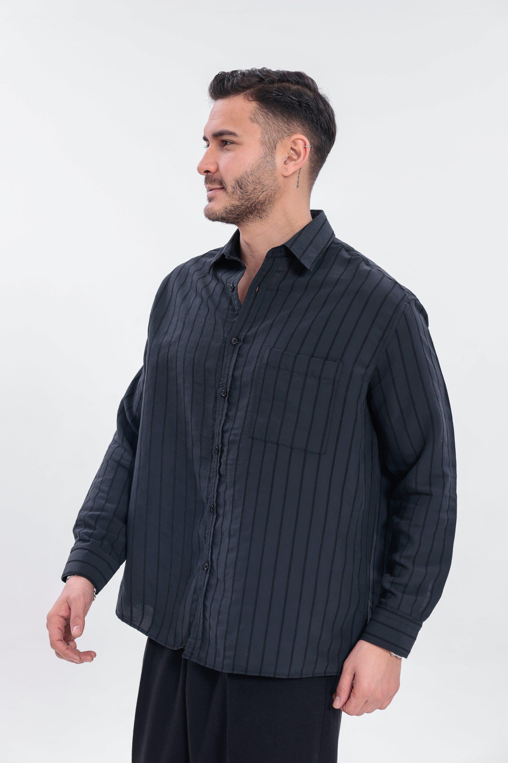 Oversize Çizgili Modal Gömlek Siyah