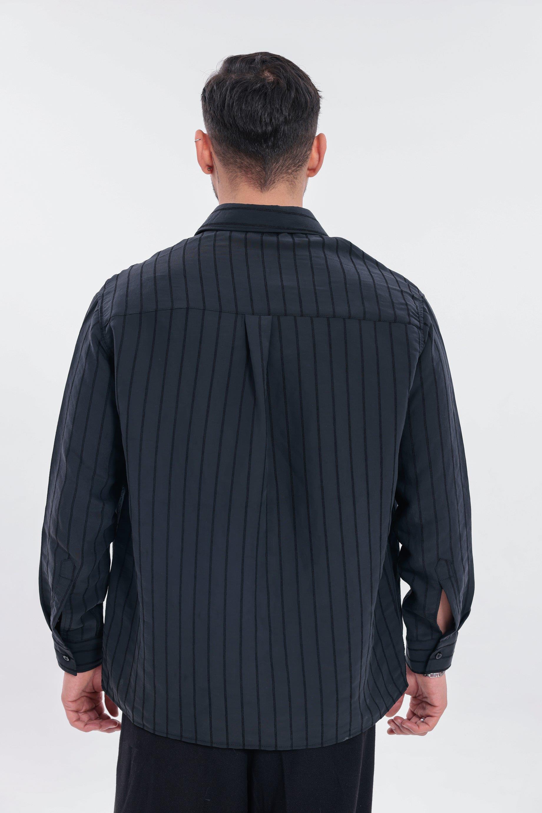 Oversize Çizgili Modal Gömlek Siyah