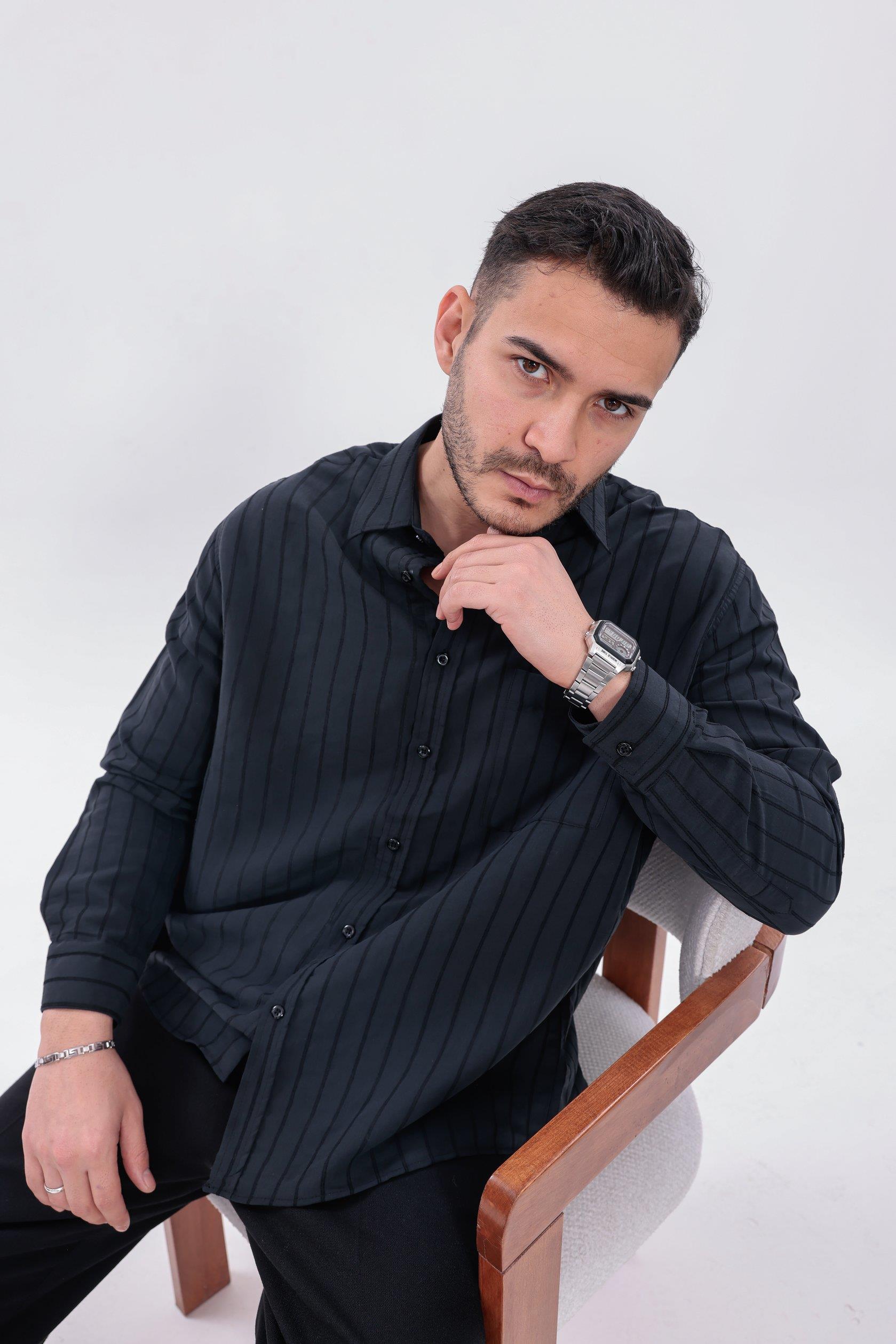 Oversize Çizgili Modal Gömlek Siyah