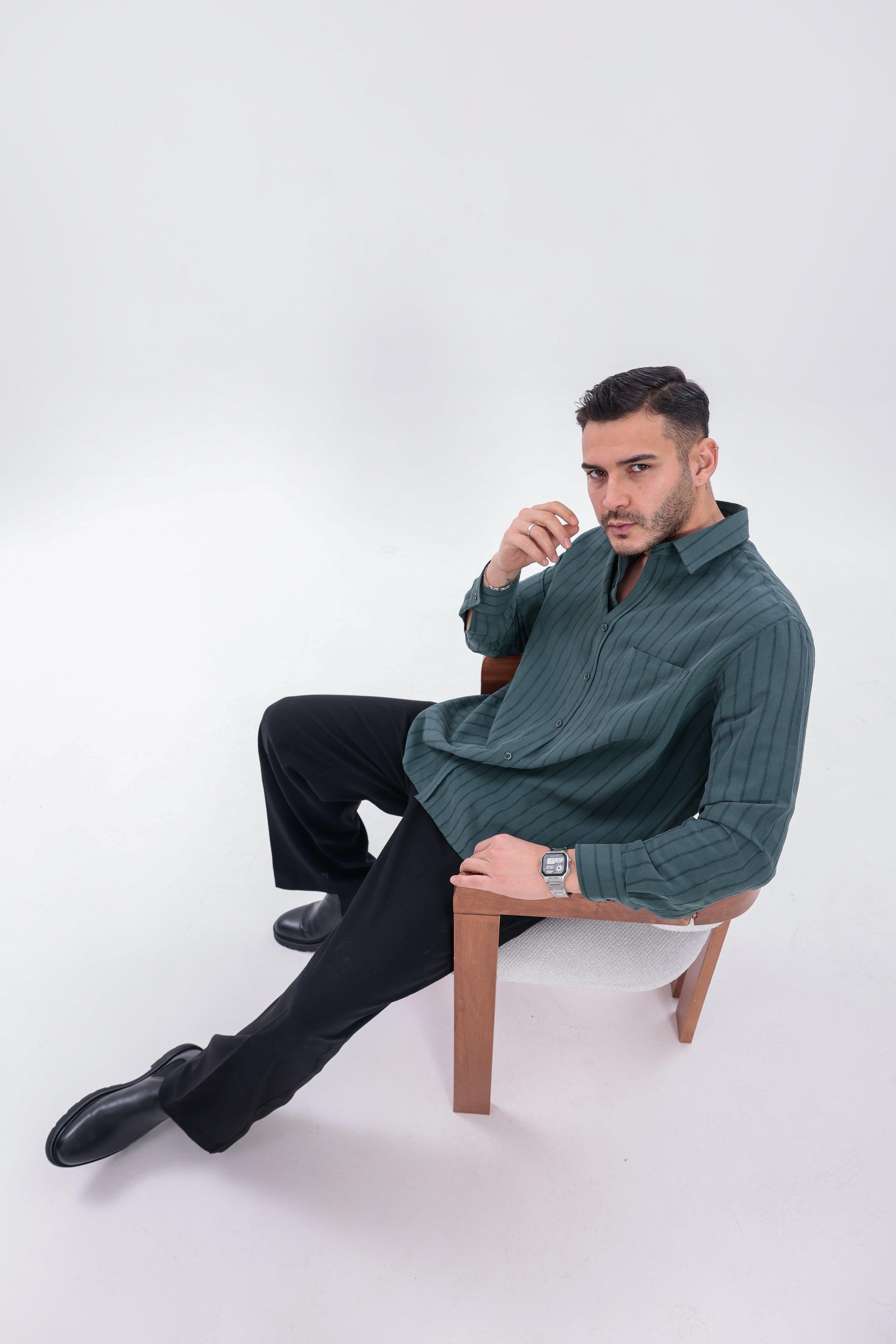 Oversize Çizgili Modal Gömlek Yeşil