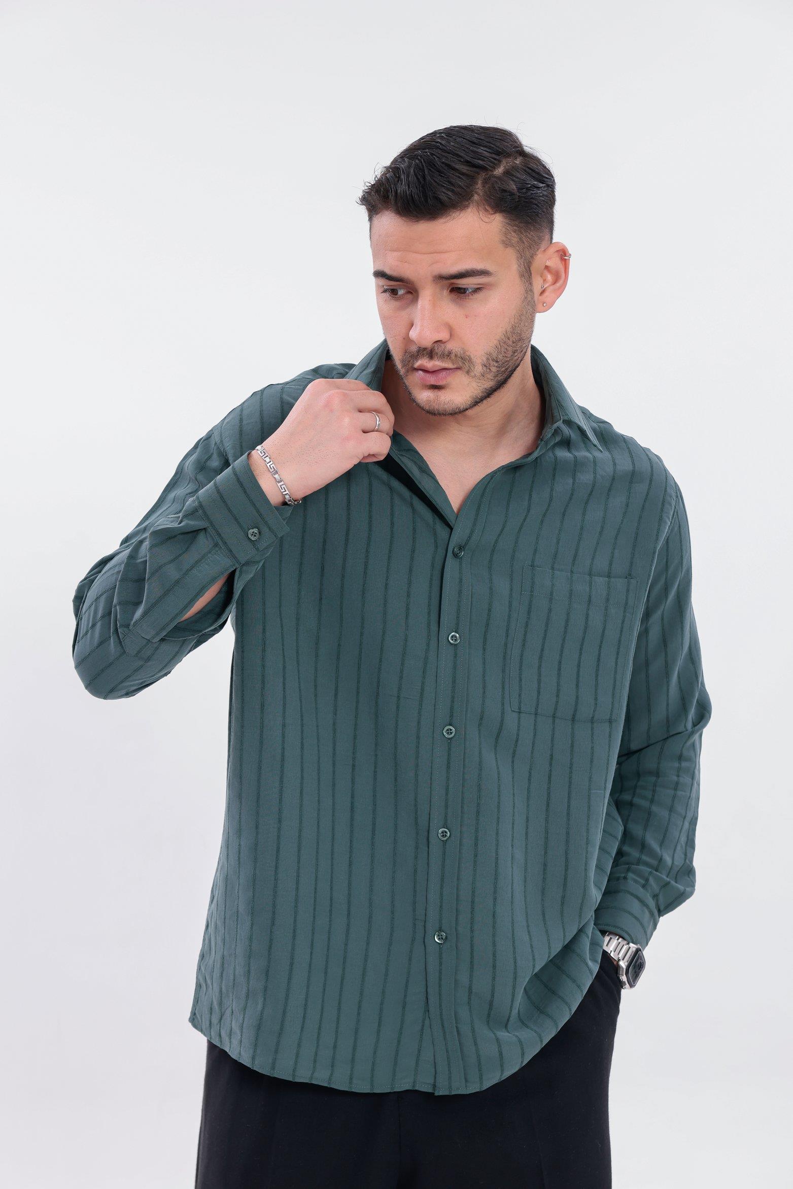 Oversize Çizgili Modal Gömlek Yeşil