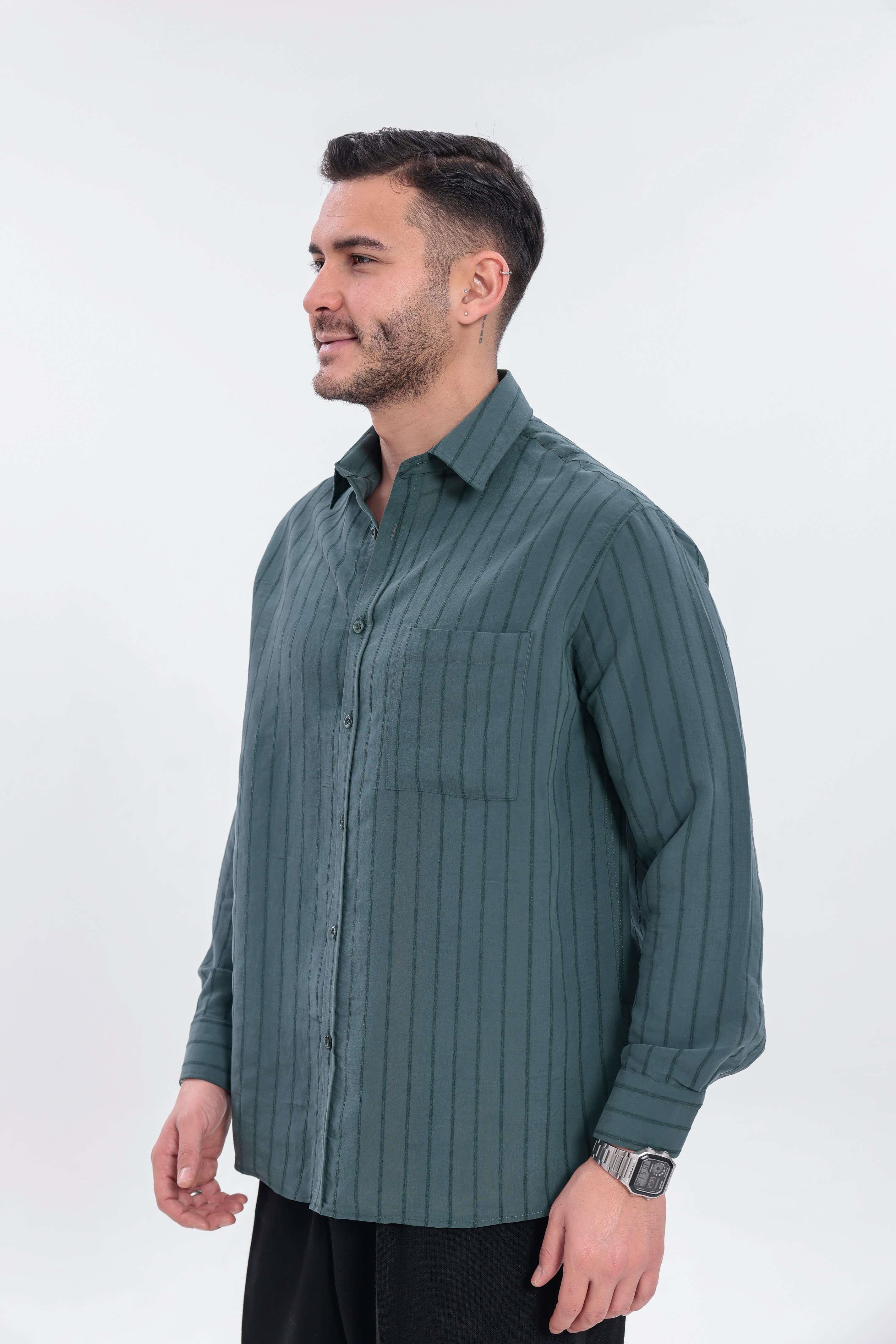 Oversize Çizgili Modal Gömlek Yeşil