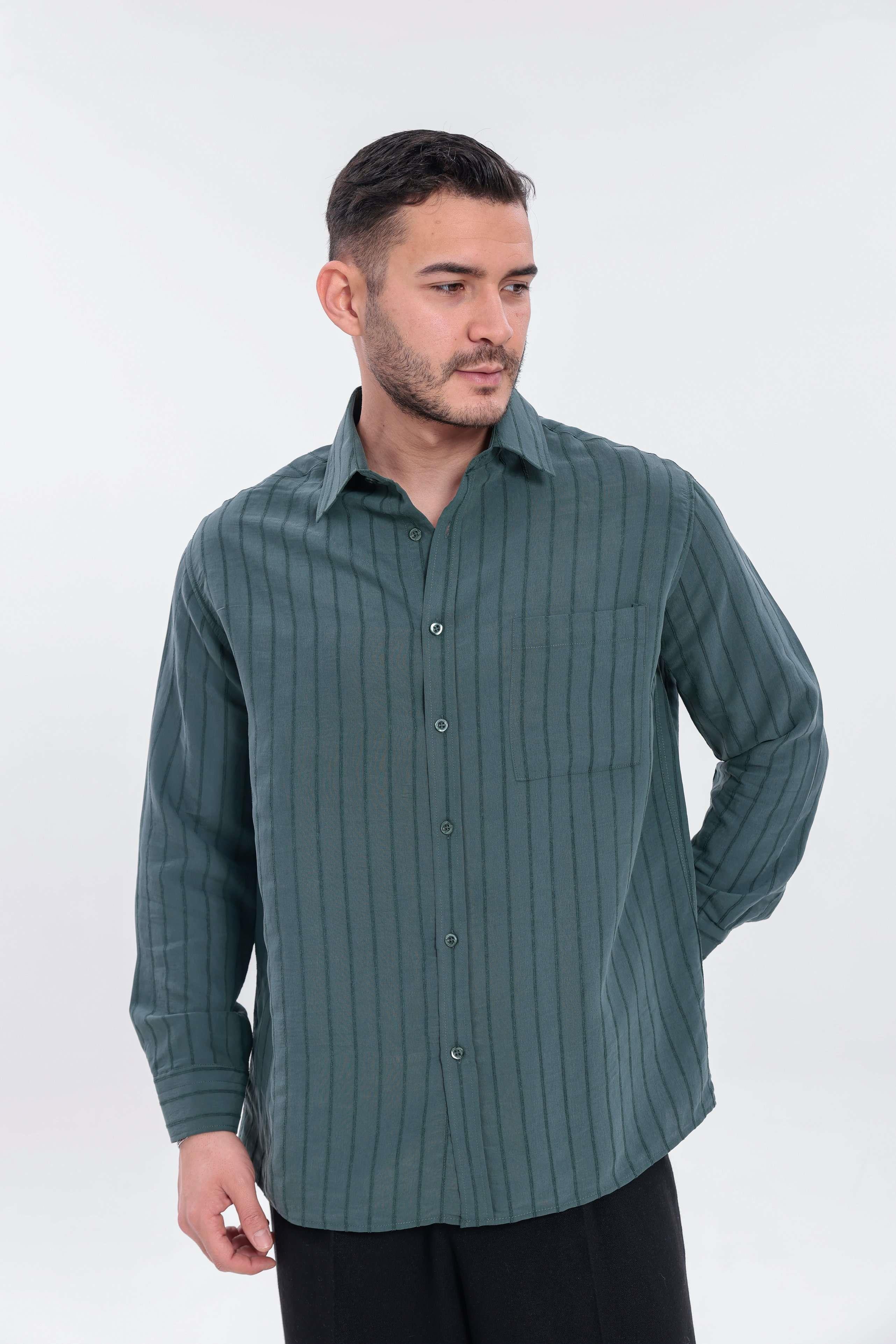 Oversize Çizgili Modal Gömlek Yeşil