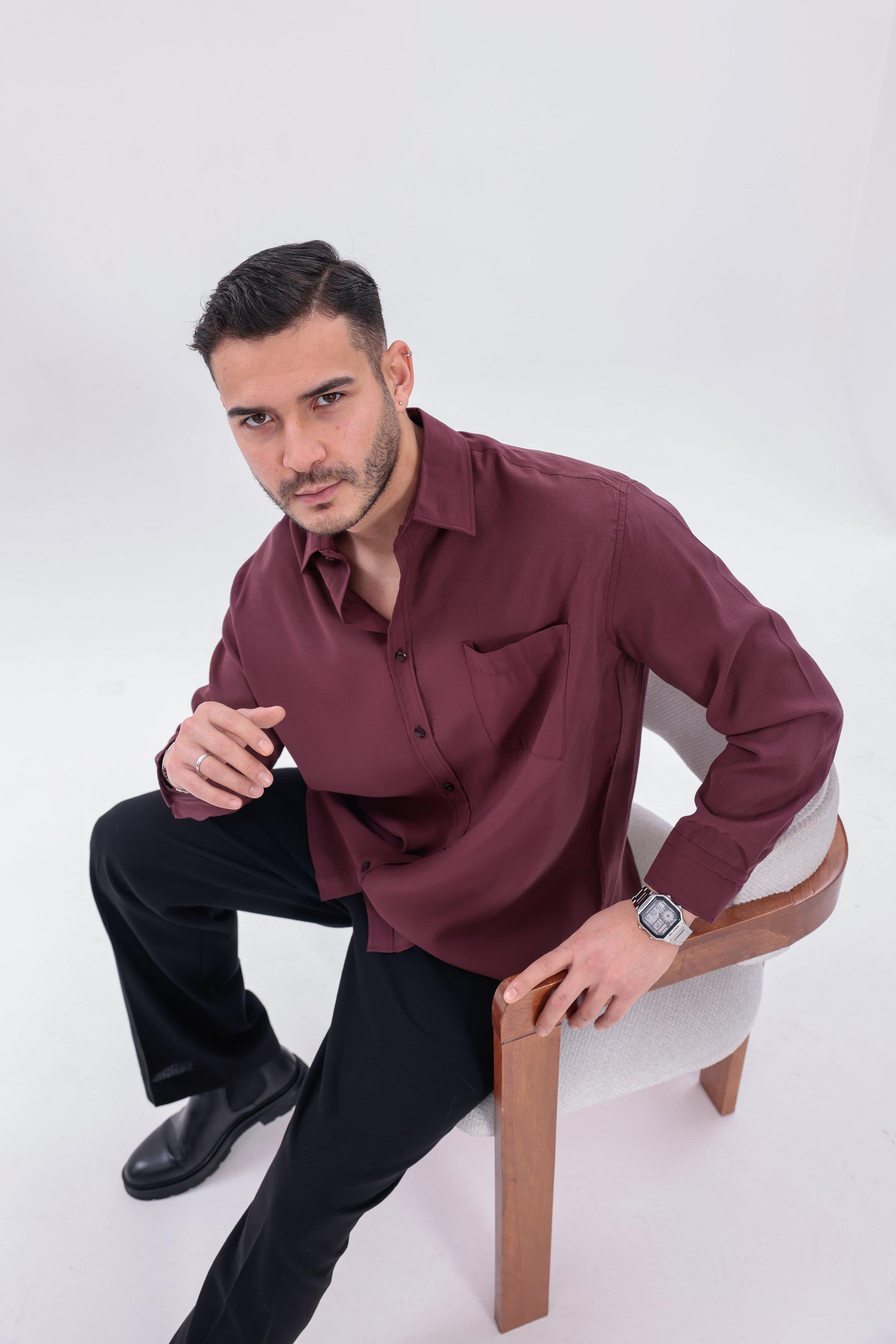 Oversize Modal Gömlek Bordo