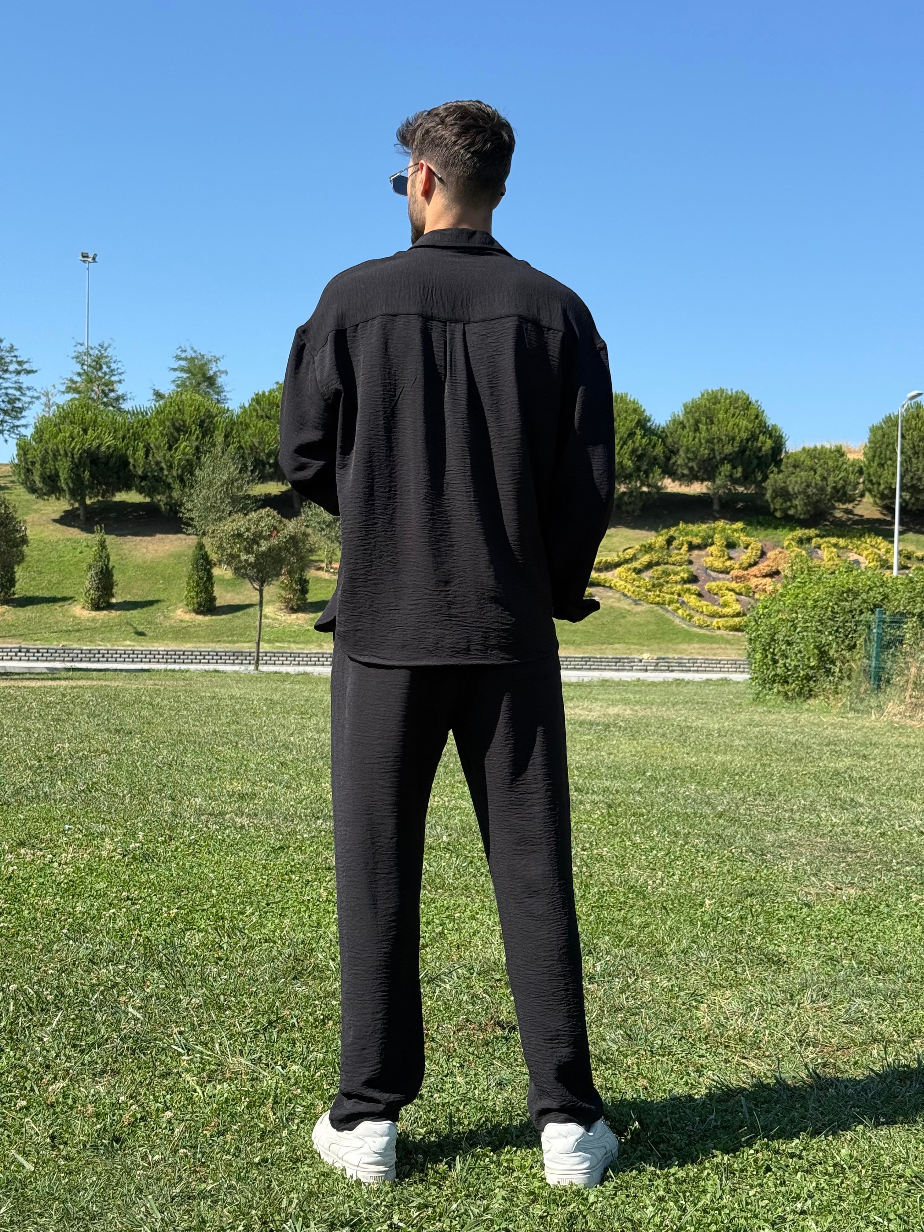 Oversize Yırtmaçlı Ayrobin Gömlek Siyah