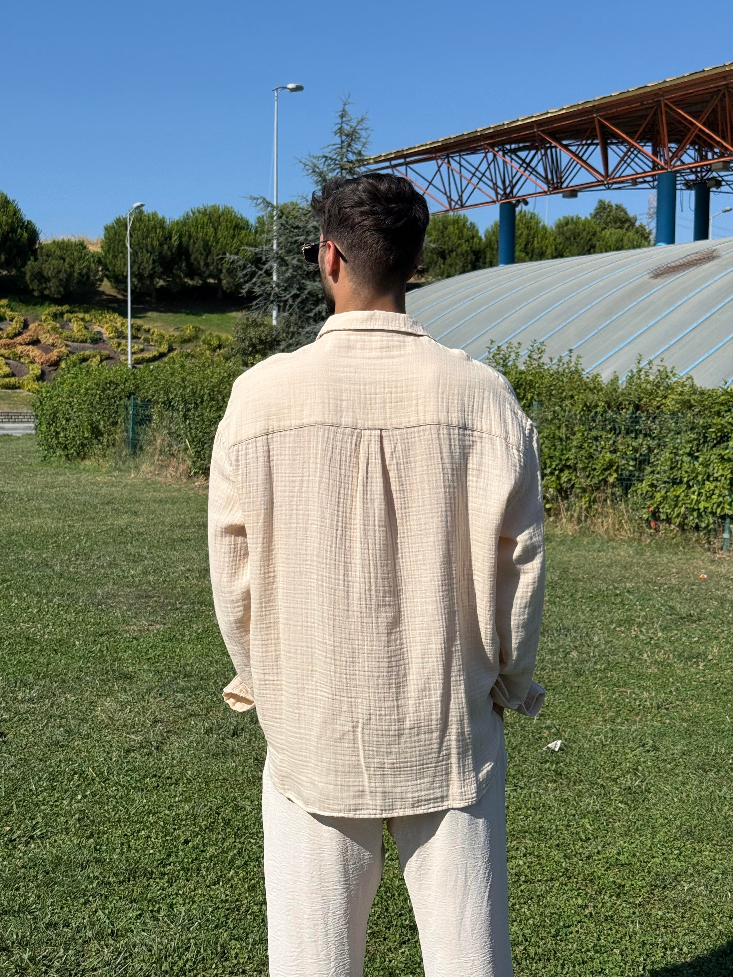 Oversize Yırtmaçlı Müslin Gömlek Bej
