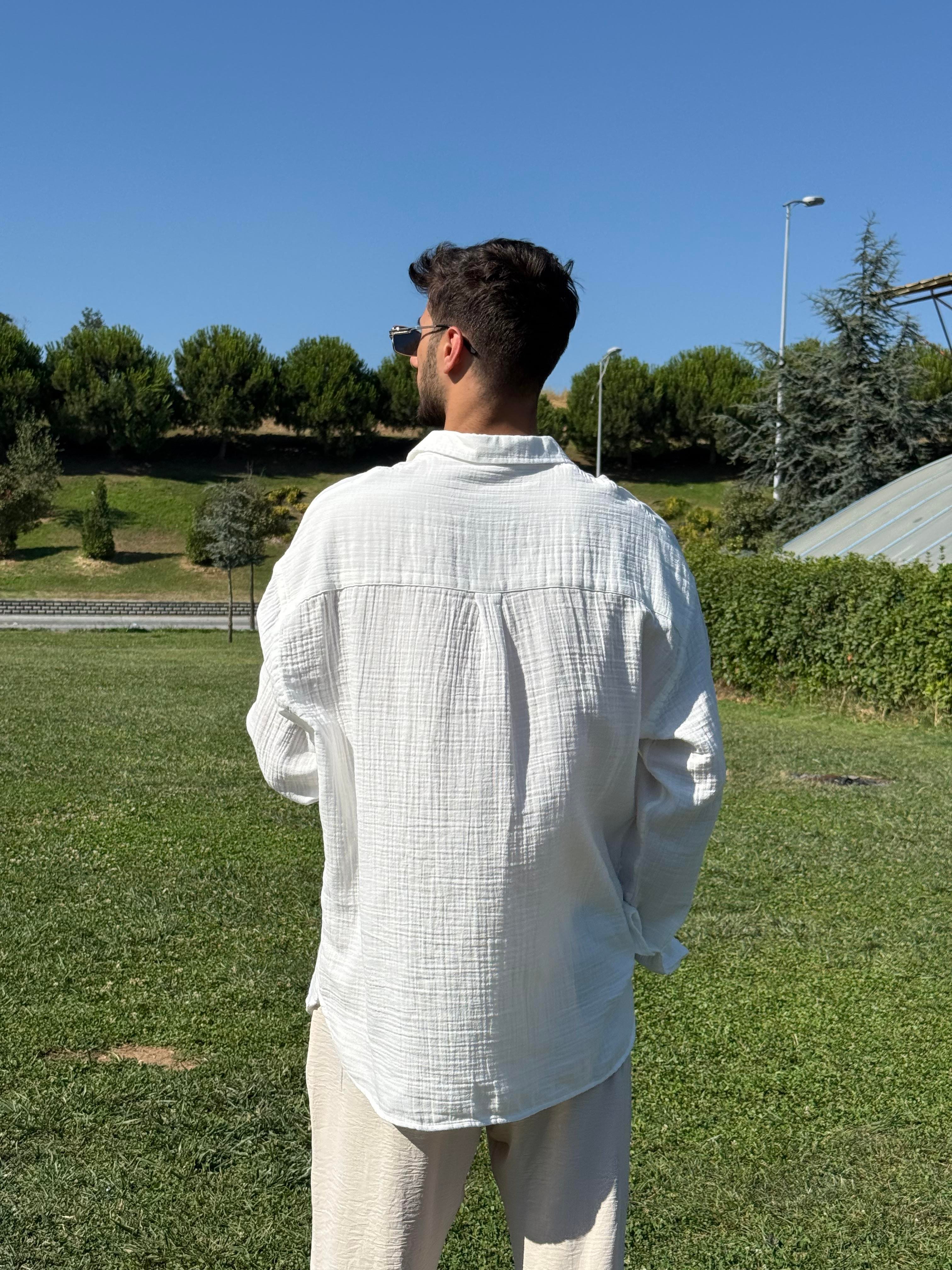 Oversize Yırtmaçlı Müslin Gömlek Ekru