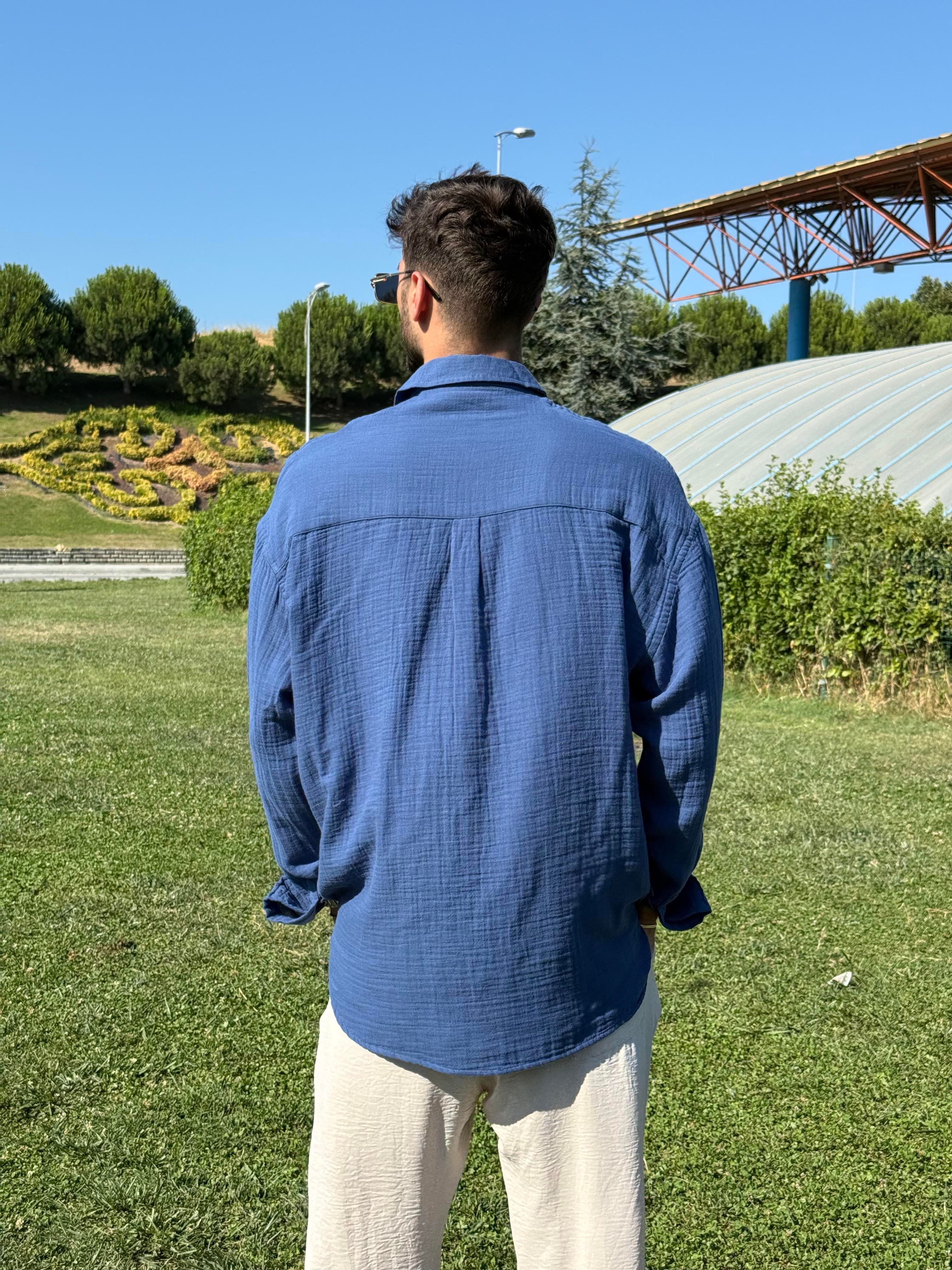 Oversize Yırtmaçlı Müslin Gömlek İndigo