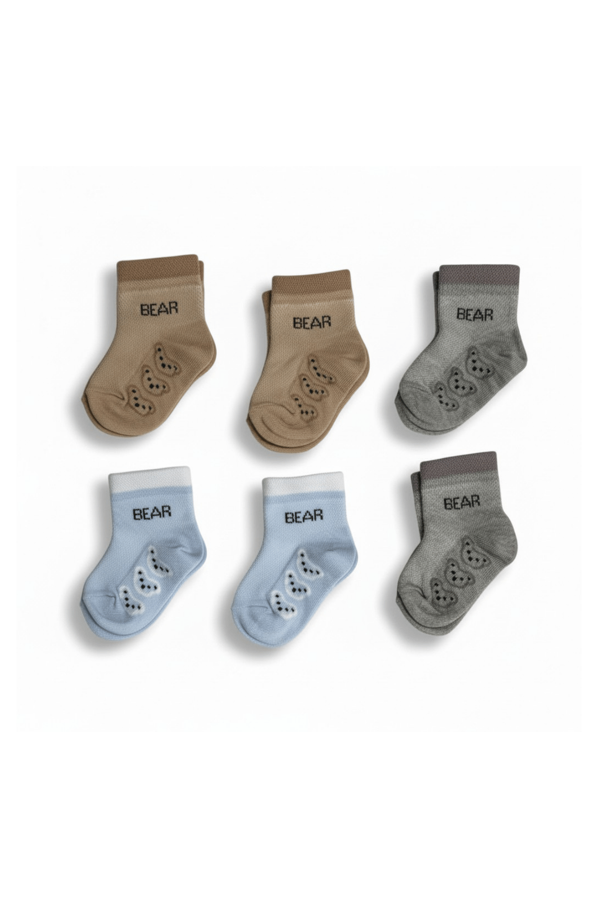 Bebek Çorabı 6’lı Set – Bear Yazılı, Doğal Tonlar