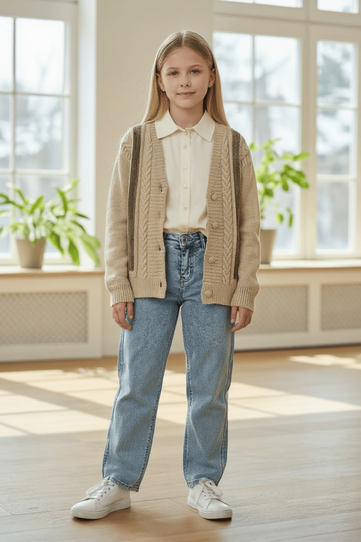 Kız Çocuk 3'lü Triko & Denim Takım