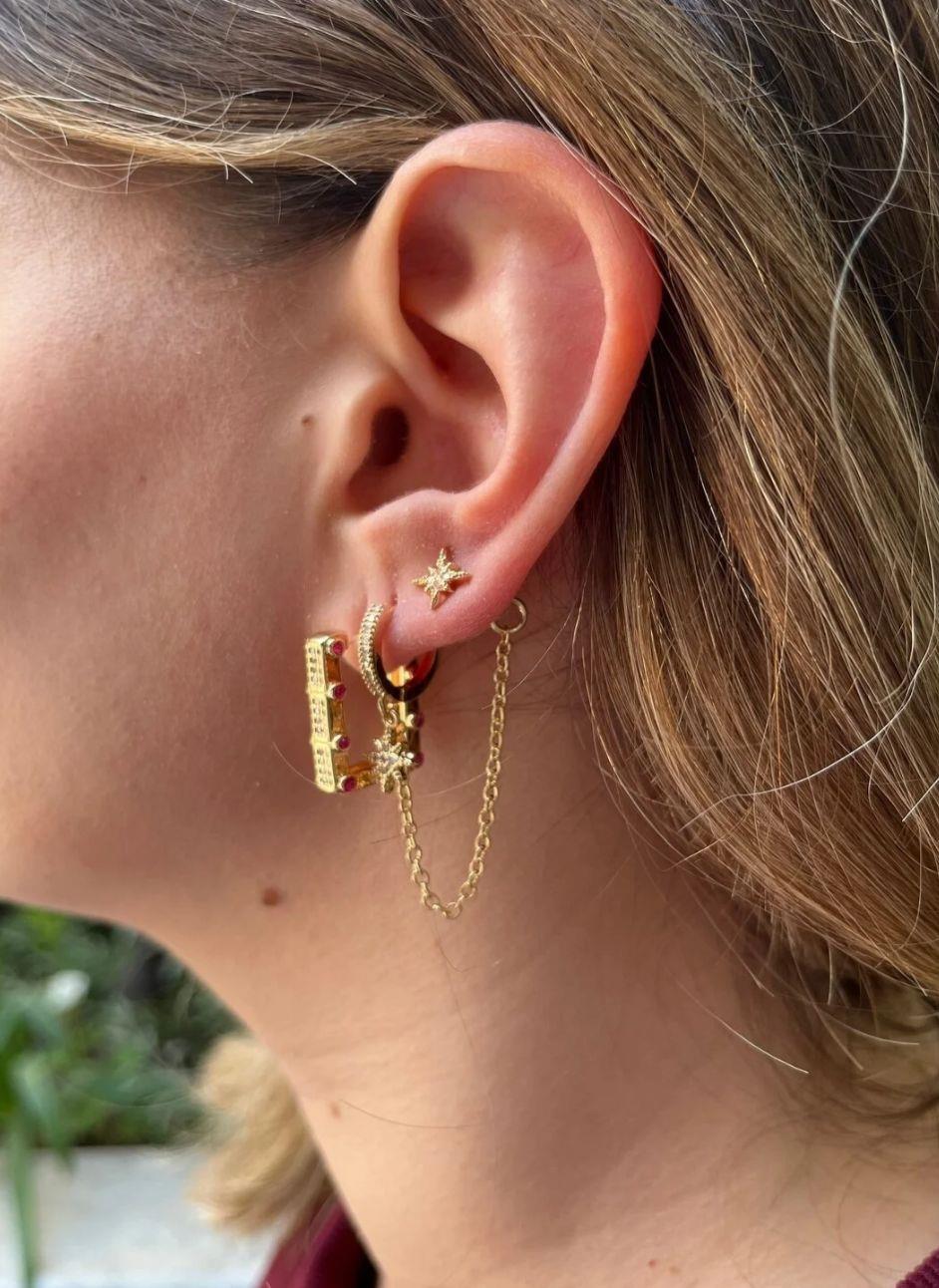 14K Gold Renk 3'lü Serenay Çelik Küpe Seti – Zincirli, Taşlı, Yıldız Model