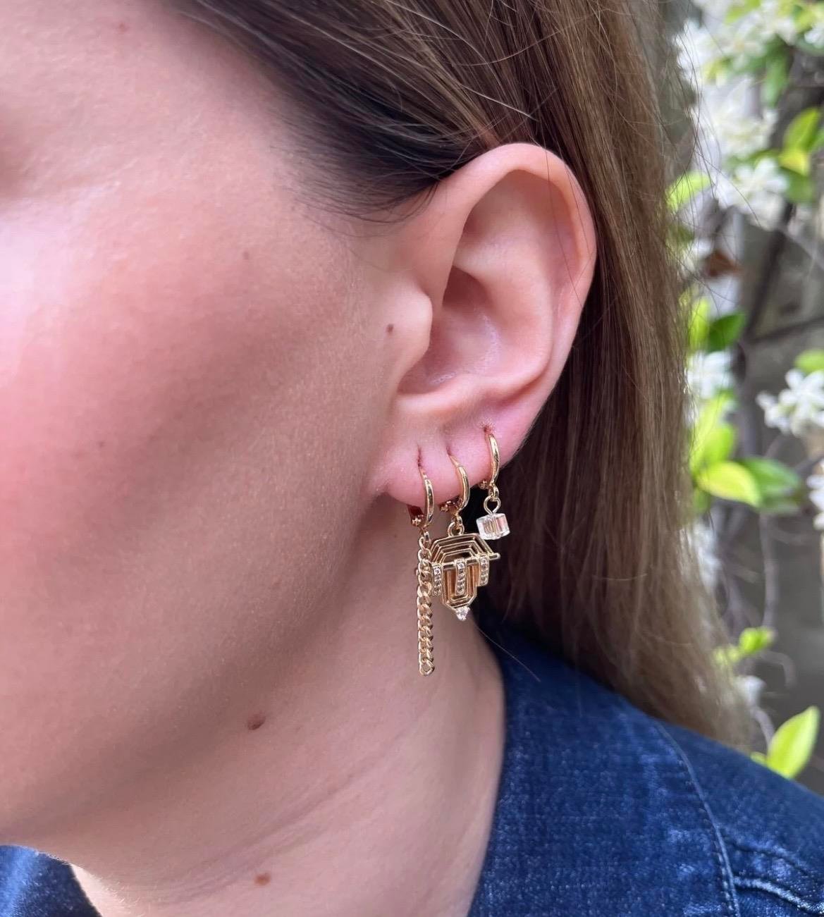 Kadın Gold Renkli 3'lü Çelik Küpe Seti – Zincir, Geometrik Figür