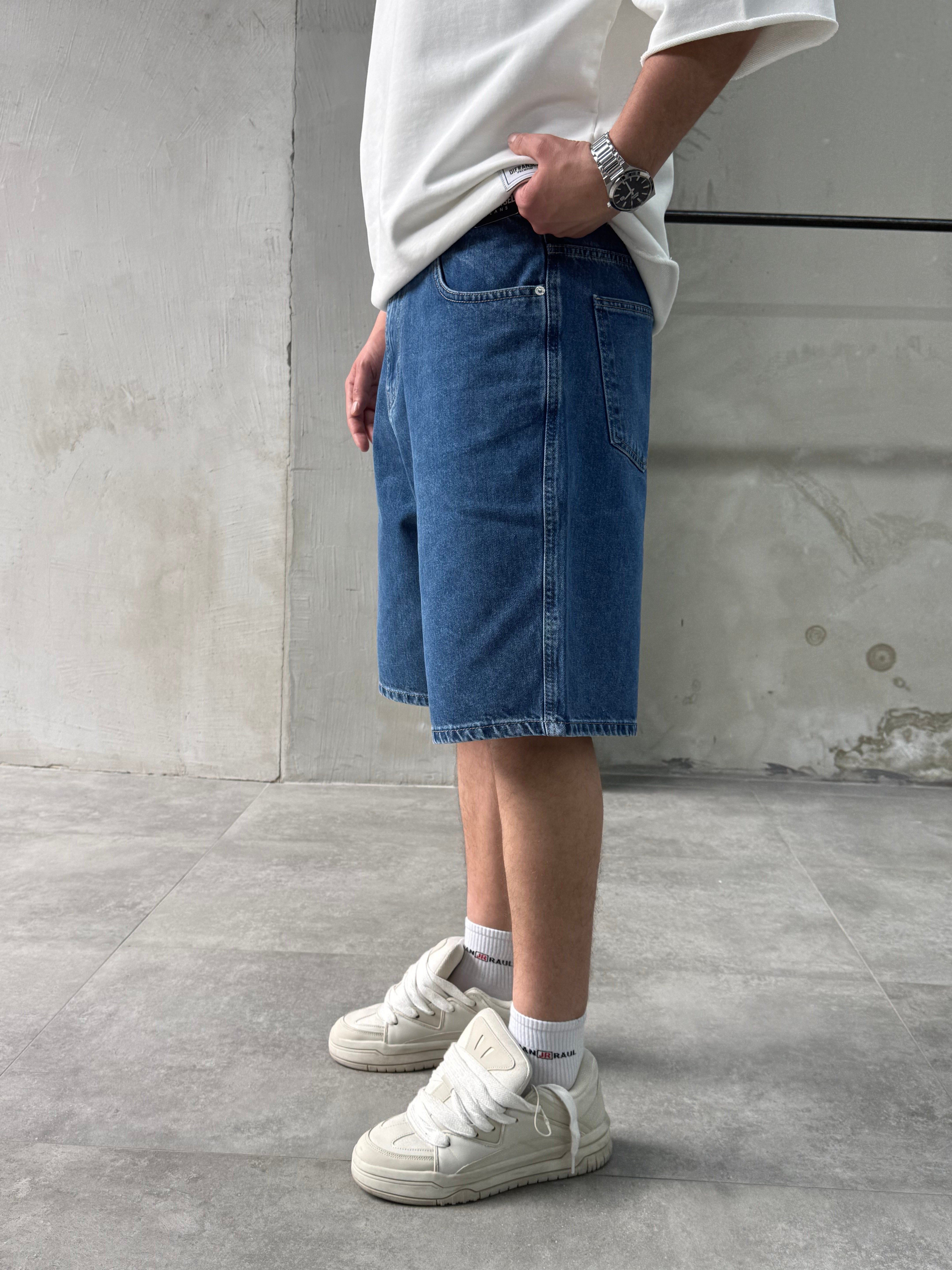 Baggy Fit Bermuda Koyu Mavi Denim Şort