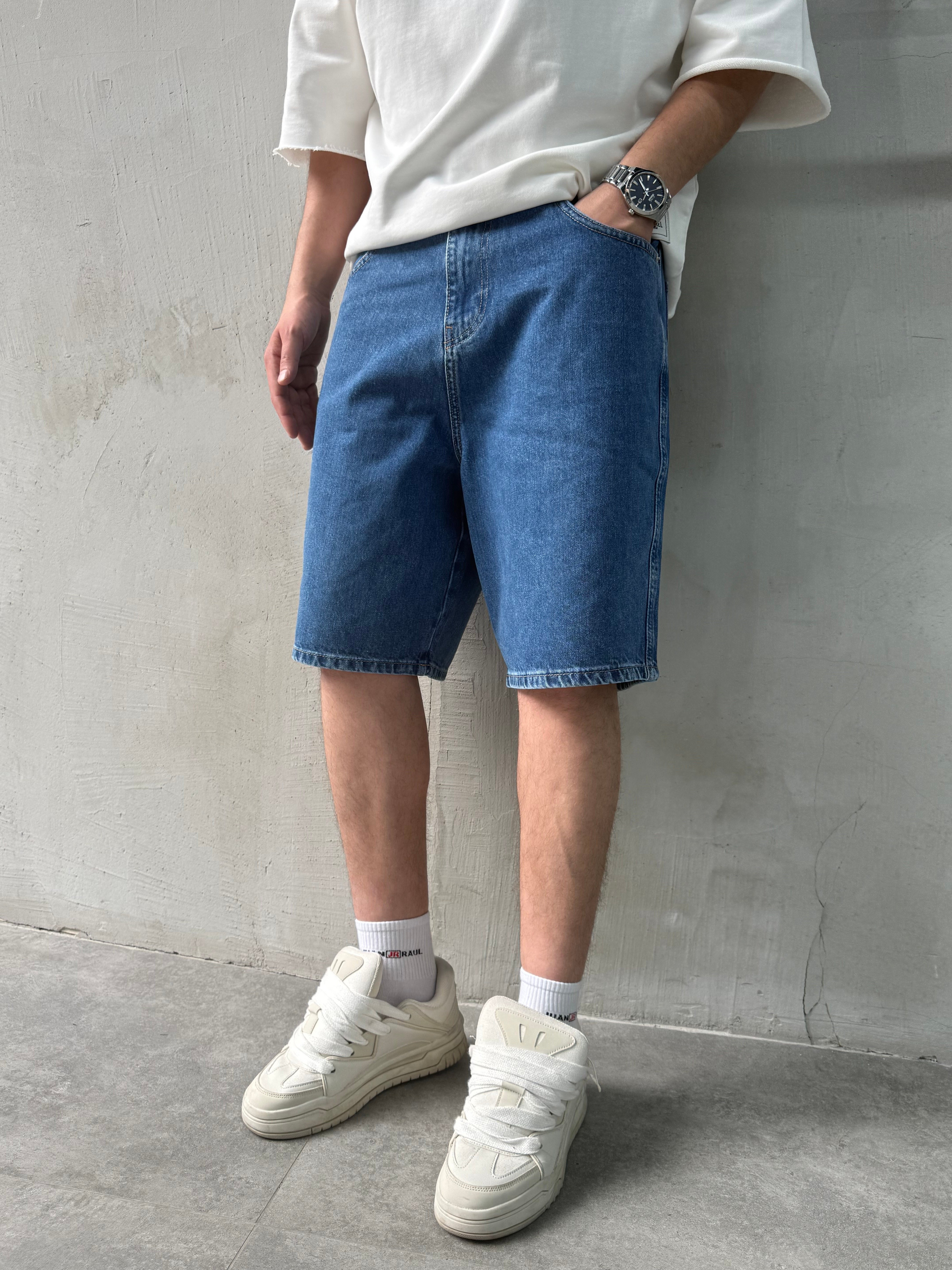 Baggy Fit Bermuda Koyu Mavi Denim Şort