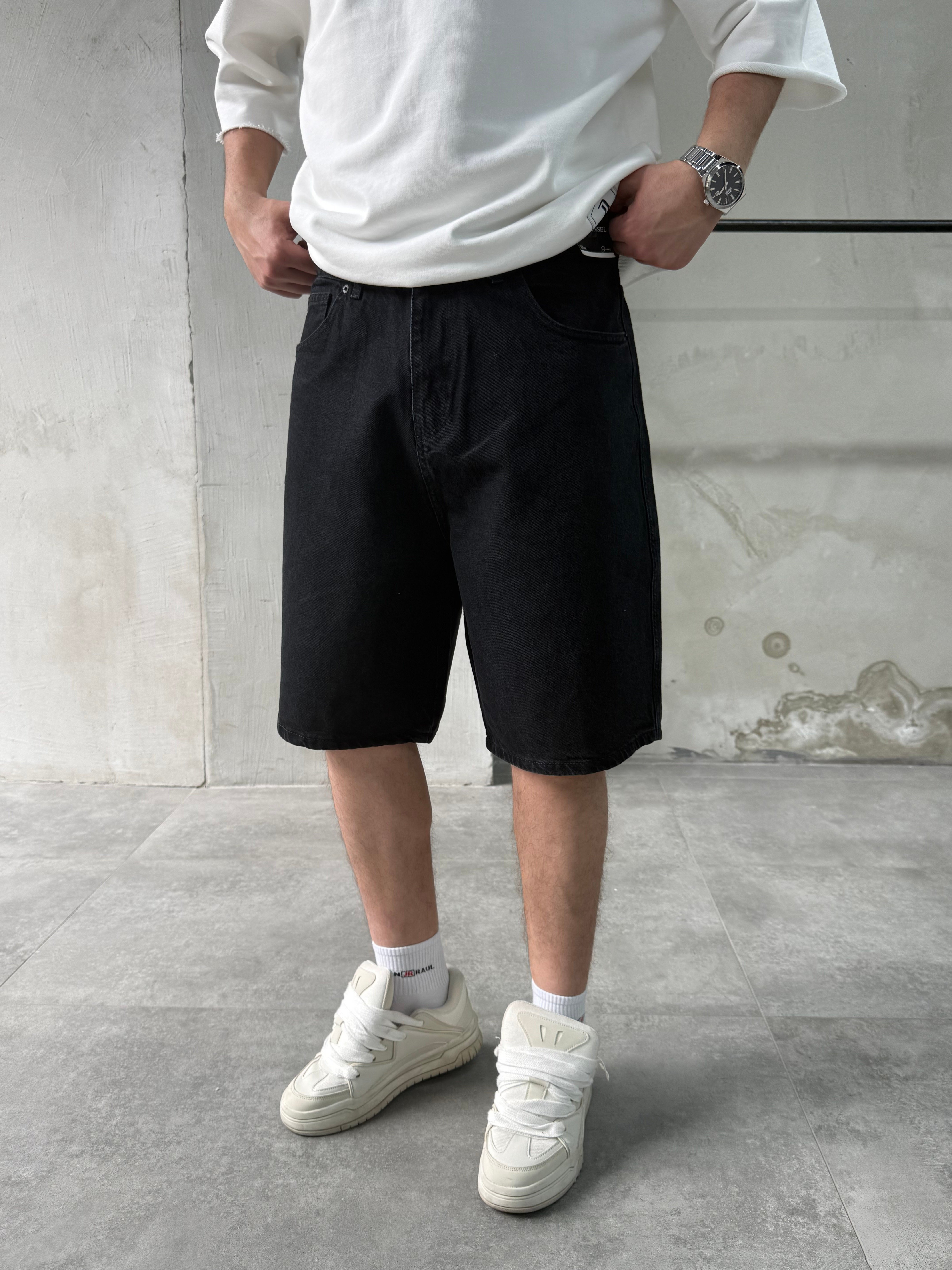 Baggy Fit Bermuda Siyah Denim Şort
