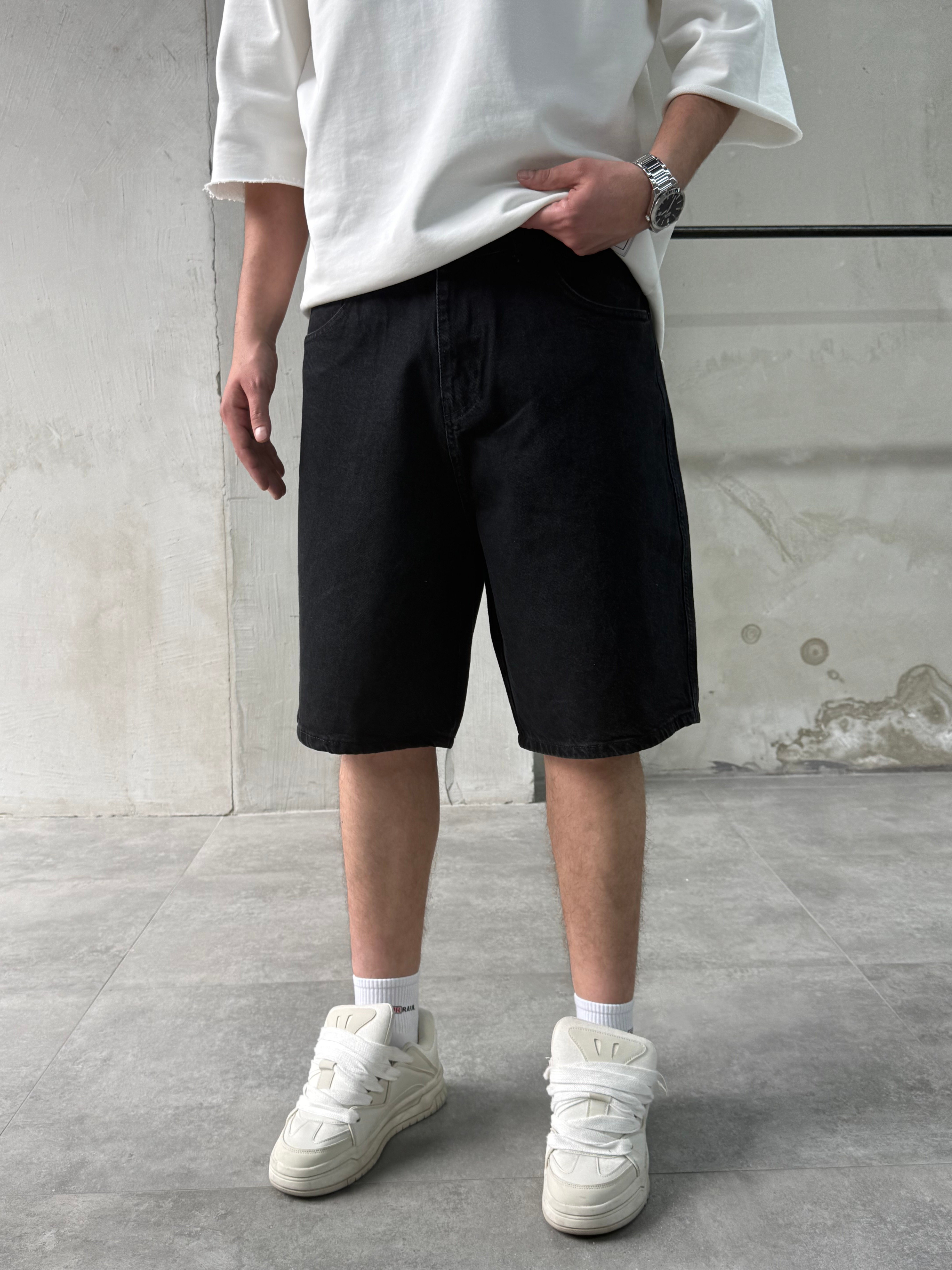 Baggy Fit Bermuda Siyah Denim Şort