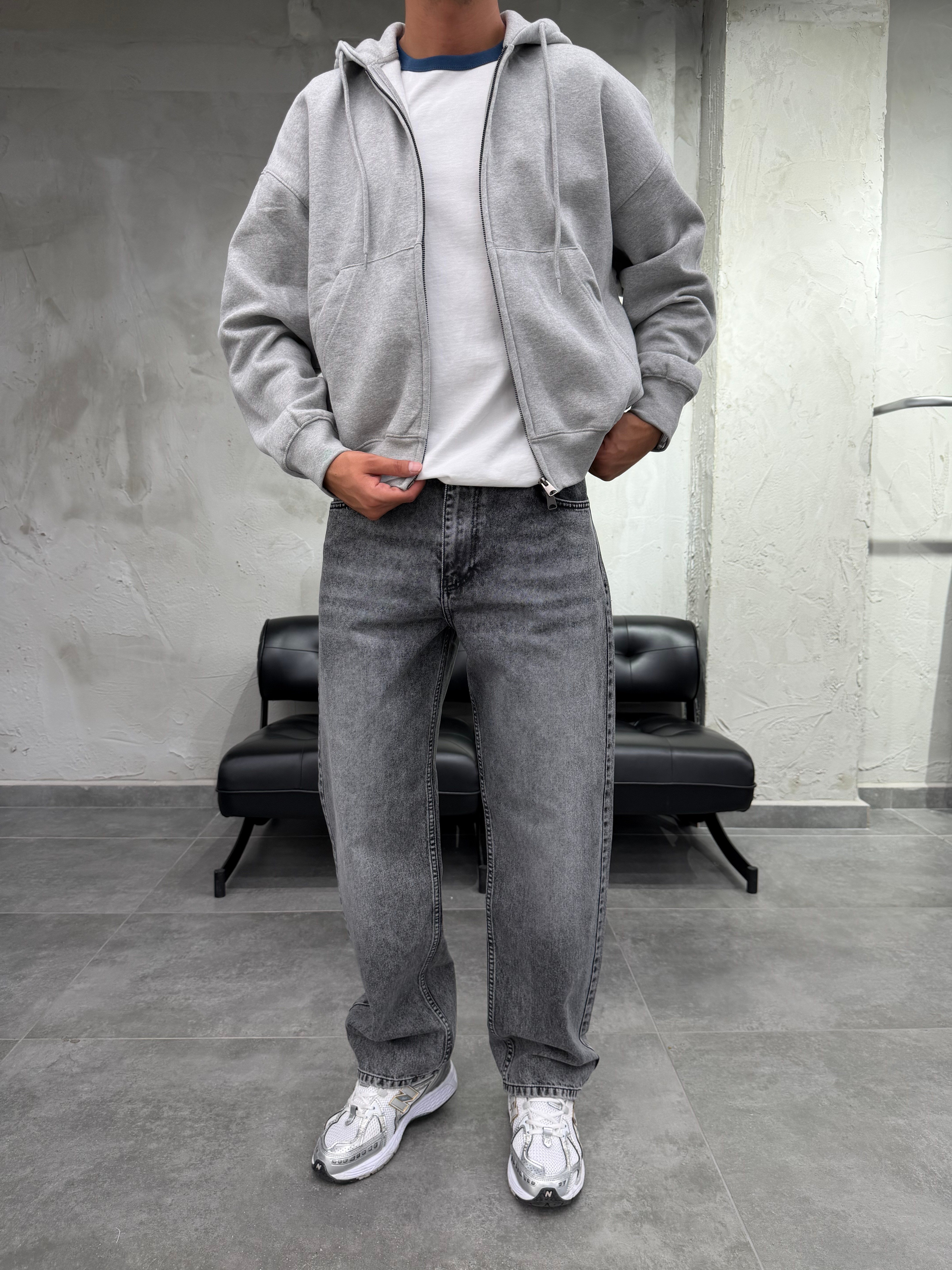 Basic Gri Yıkamalı Baggy Jean