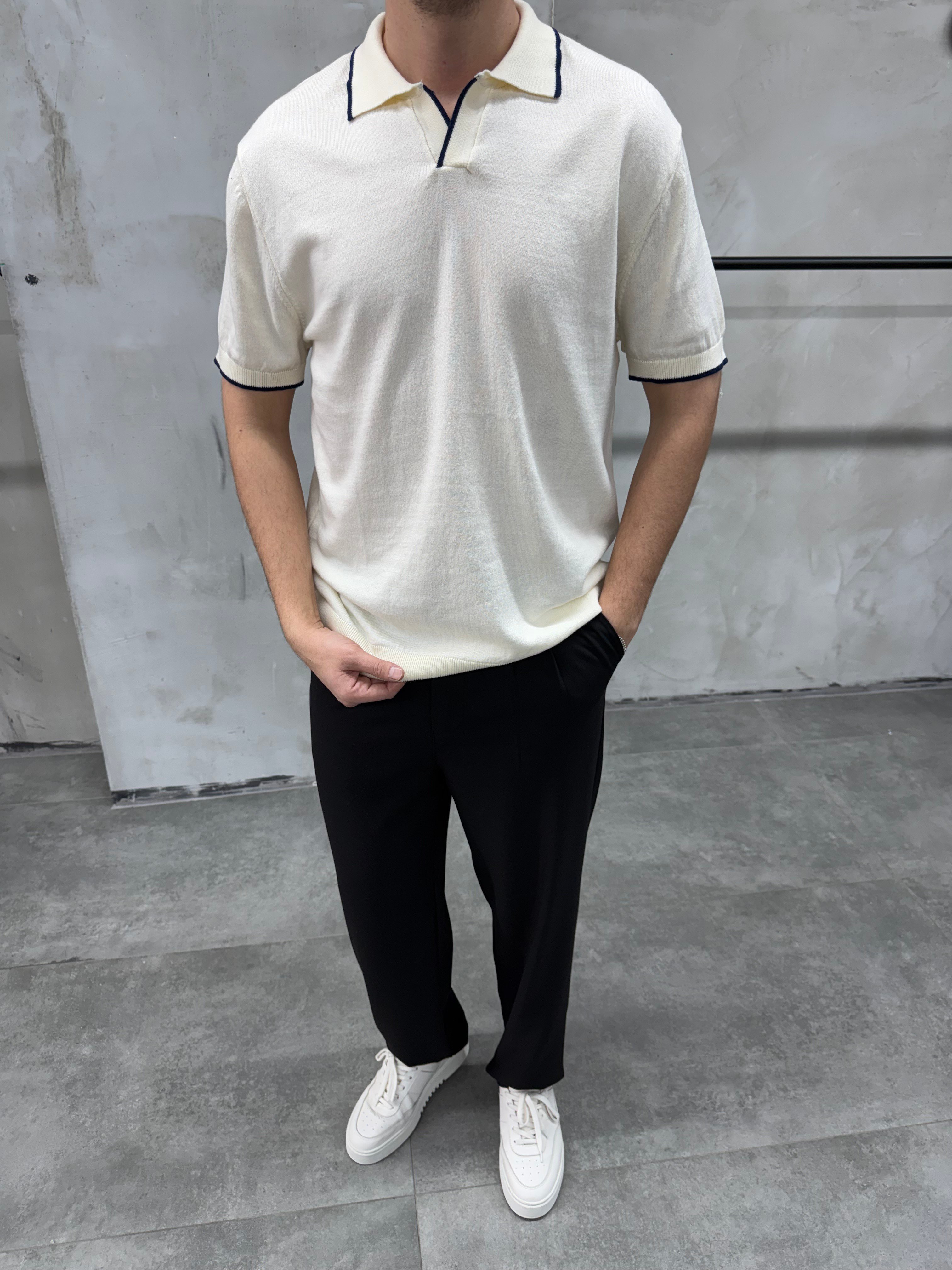 Basic Polo Yaka Ekru Triko T-shirt