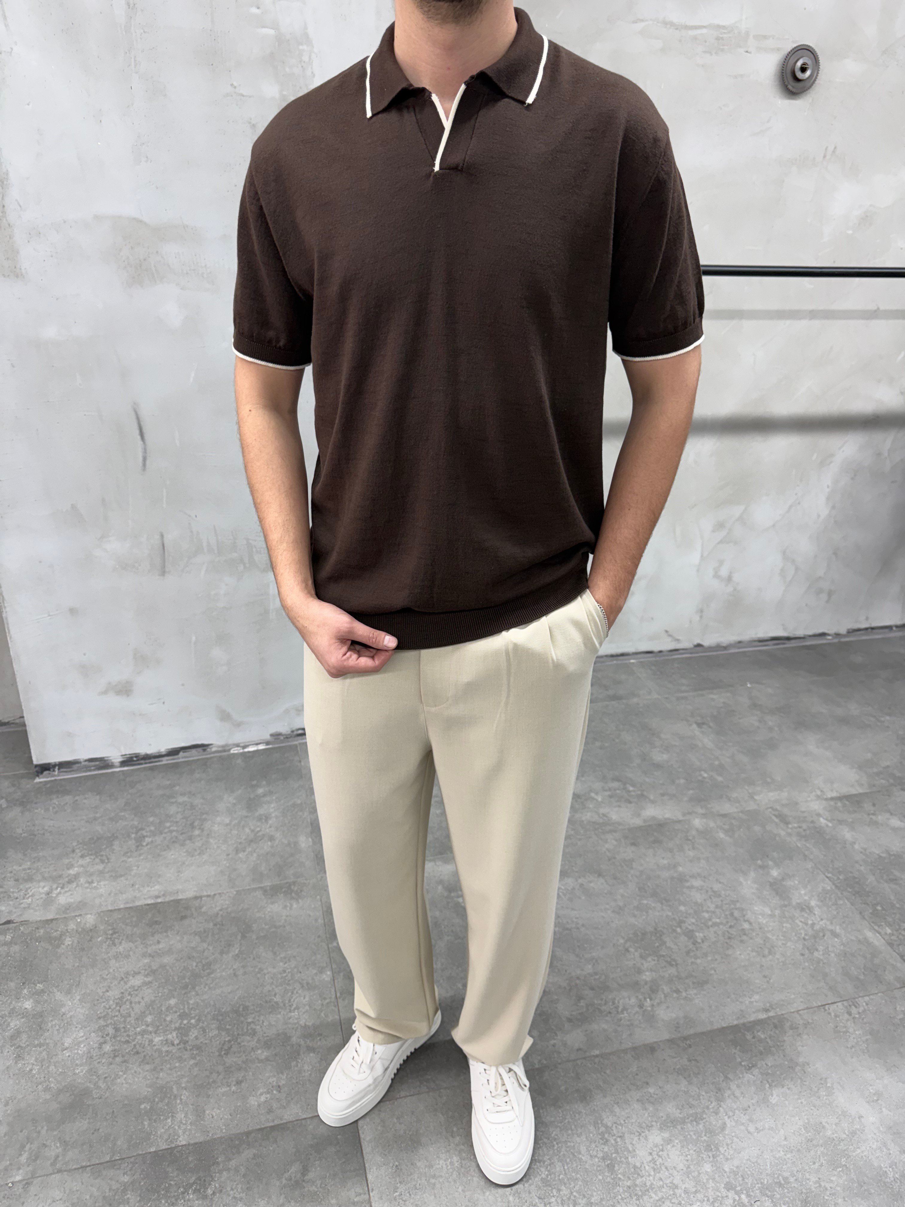 Basic Polo Yaka Kahve Triko T-shirt