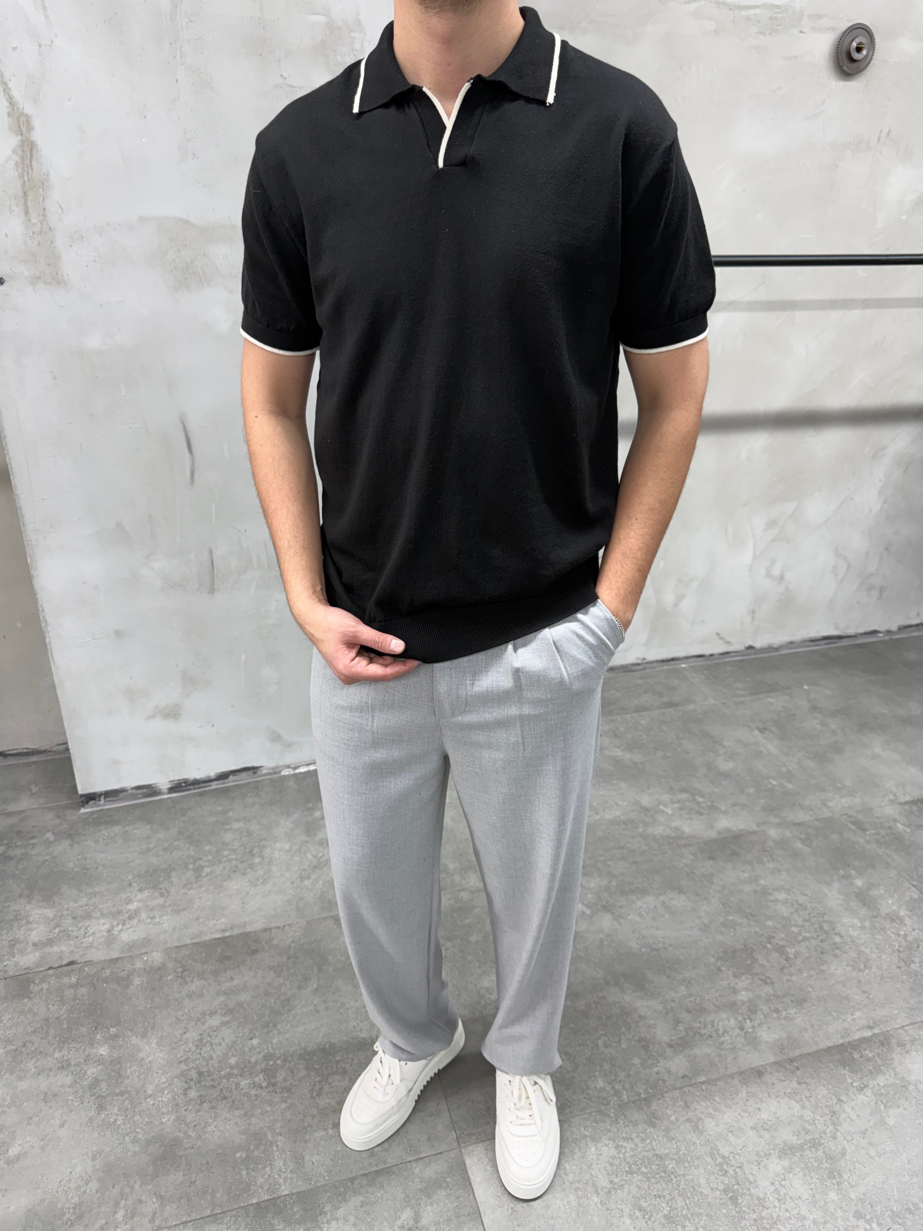 Basic Polo Yaka Siyah Triko T-shirt