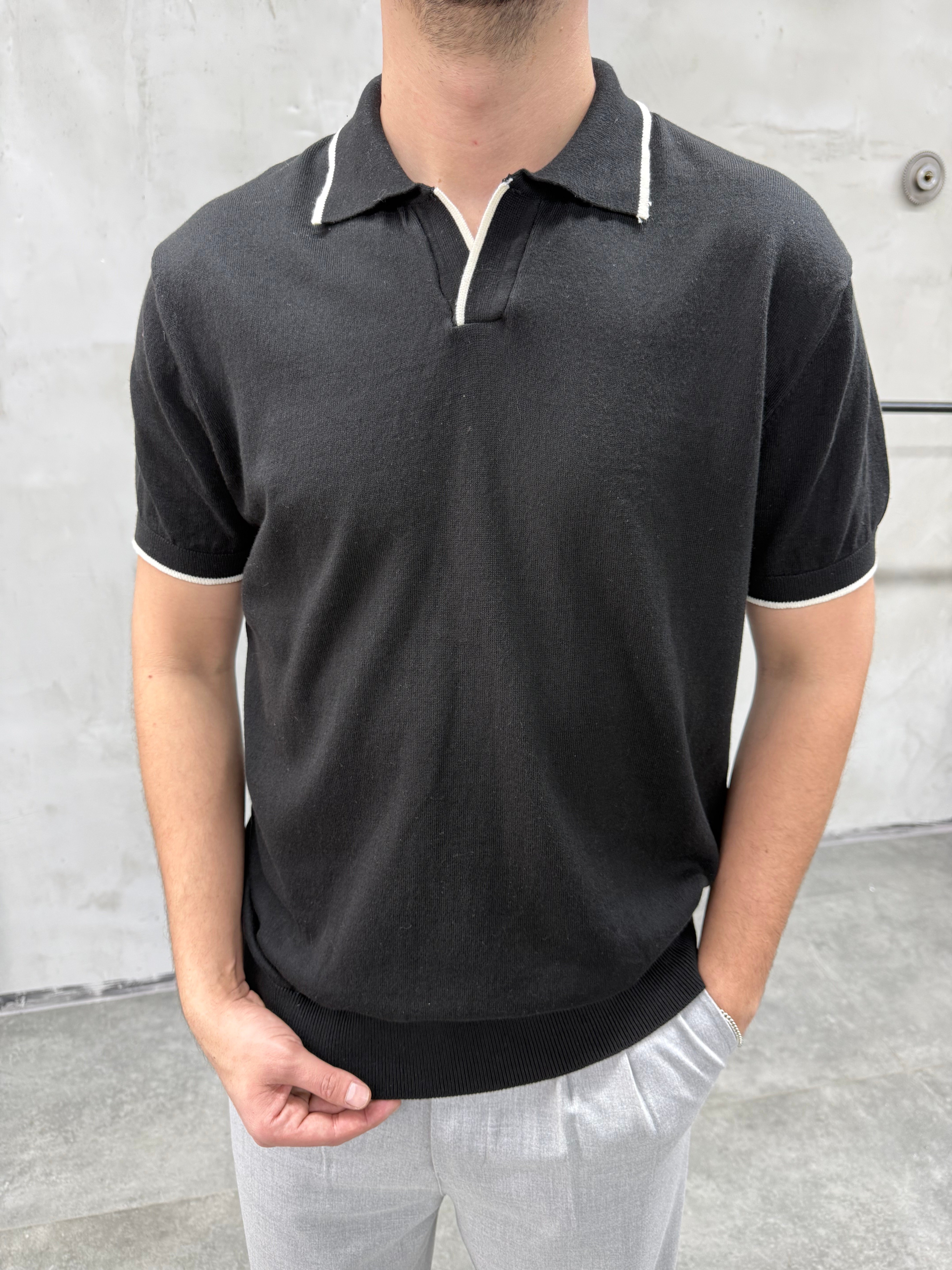 Basic Polo Yaka Siyah Triko T-shirt