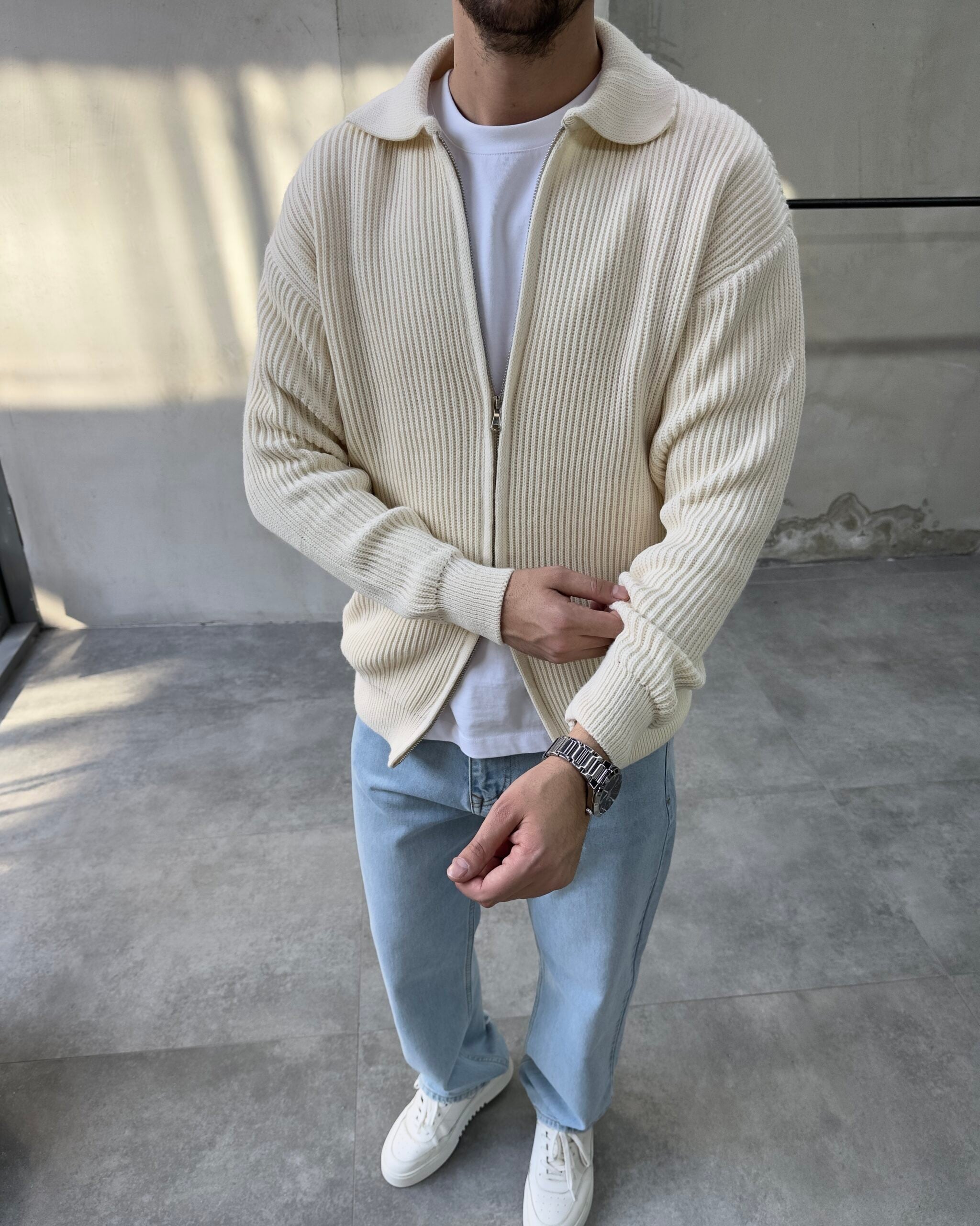 Bej Fermuarlı Triko Sweatshirt