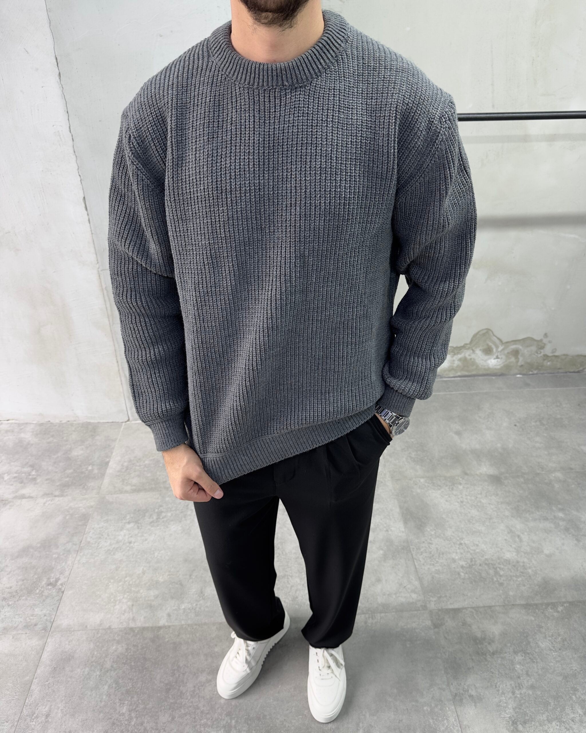 Bisiklet Yaka Gri Oversize Triko Kazak