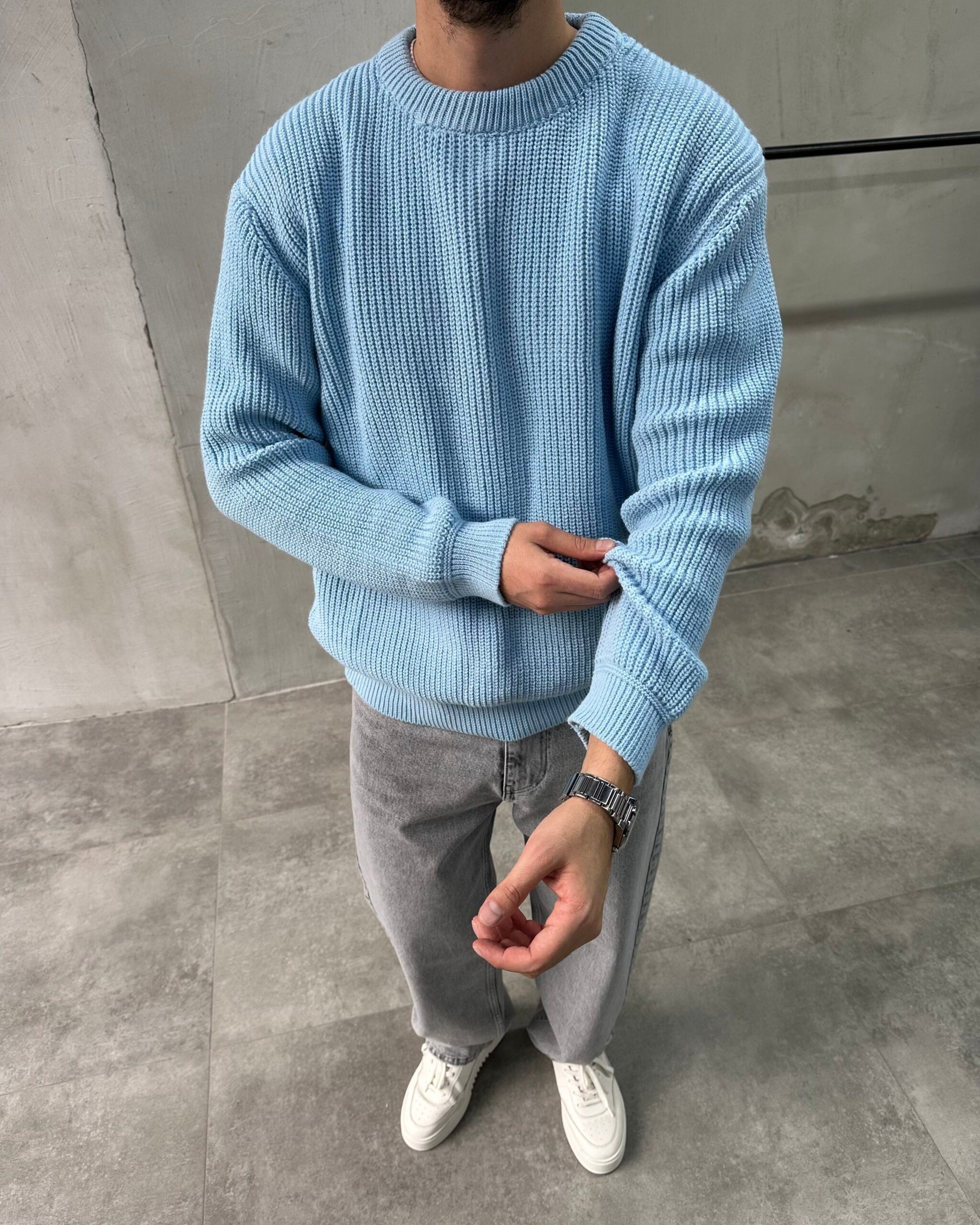 Bisiklet Yaka Mavi Oversize Triko Kazak