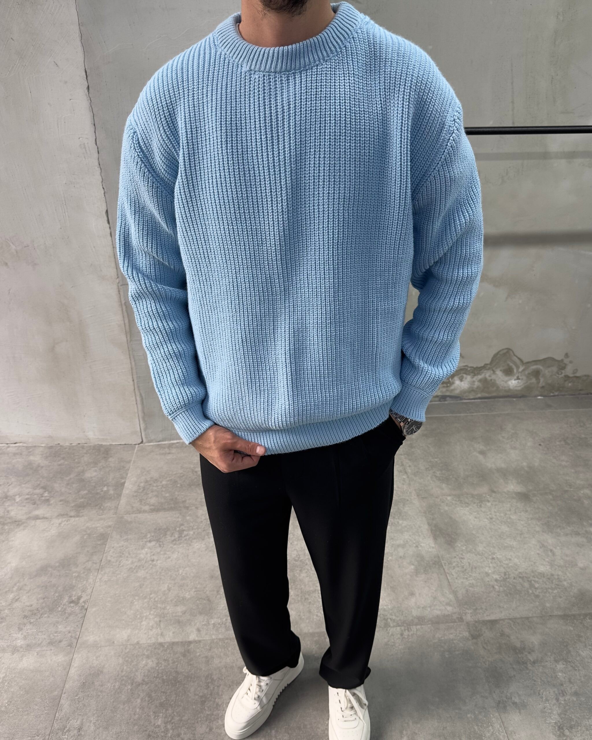 Bisiklet Yaka Mavi Oversize Triko Kazak