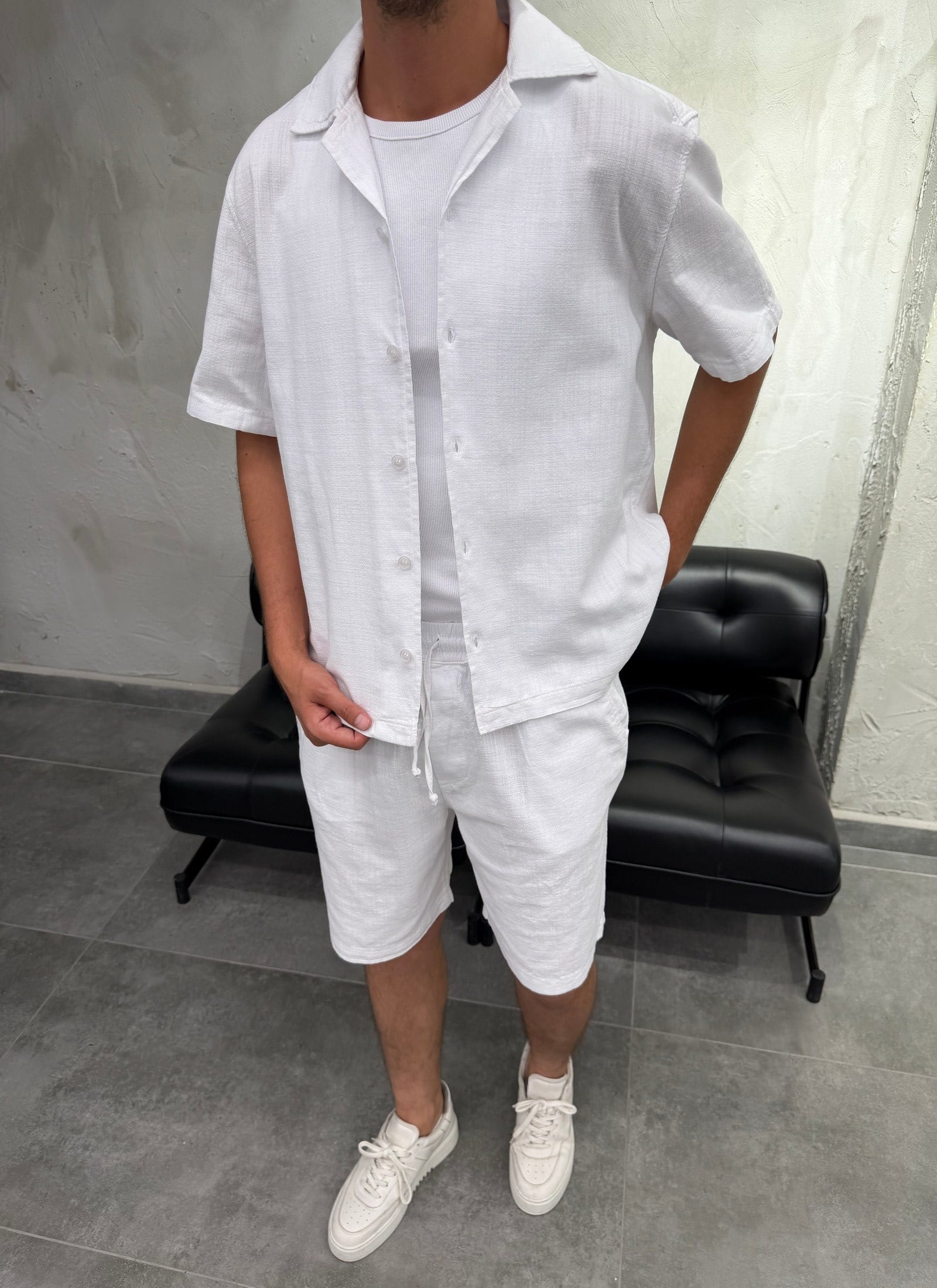 Boxy Fit Keten Gömlek Şort Beyaz Takım
