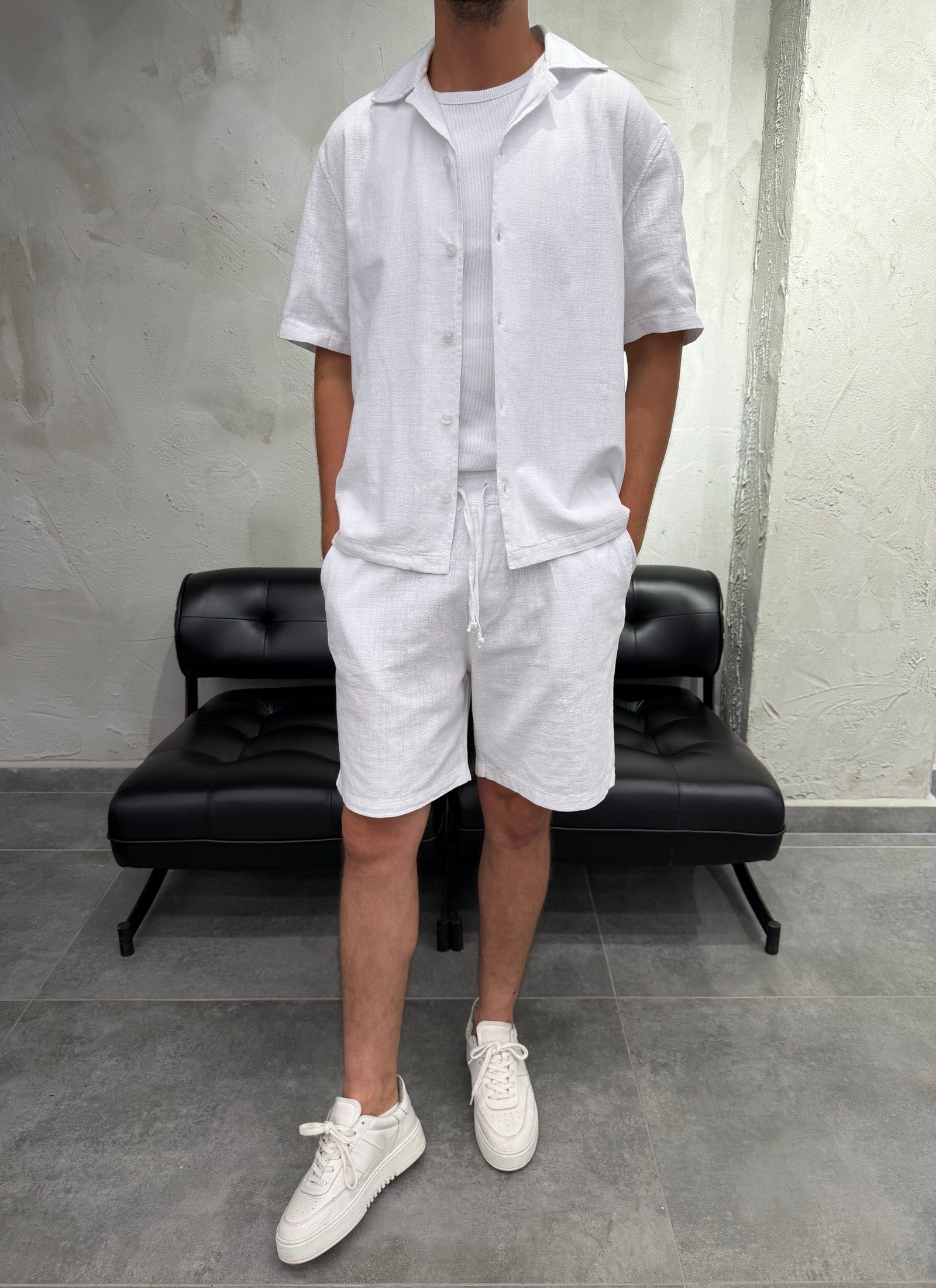 Boxy Fit Keten Gömlek Şort Beyaz Takım
