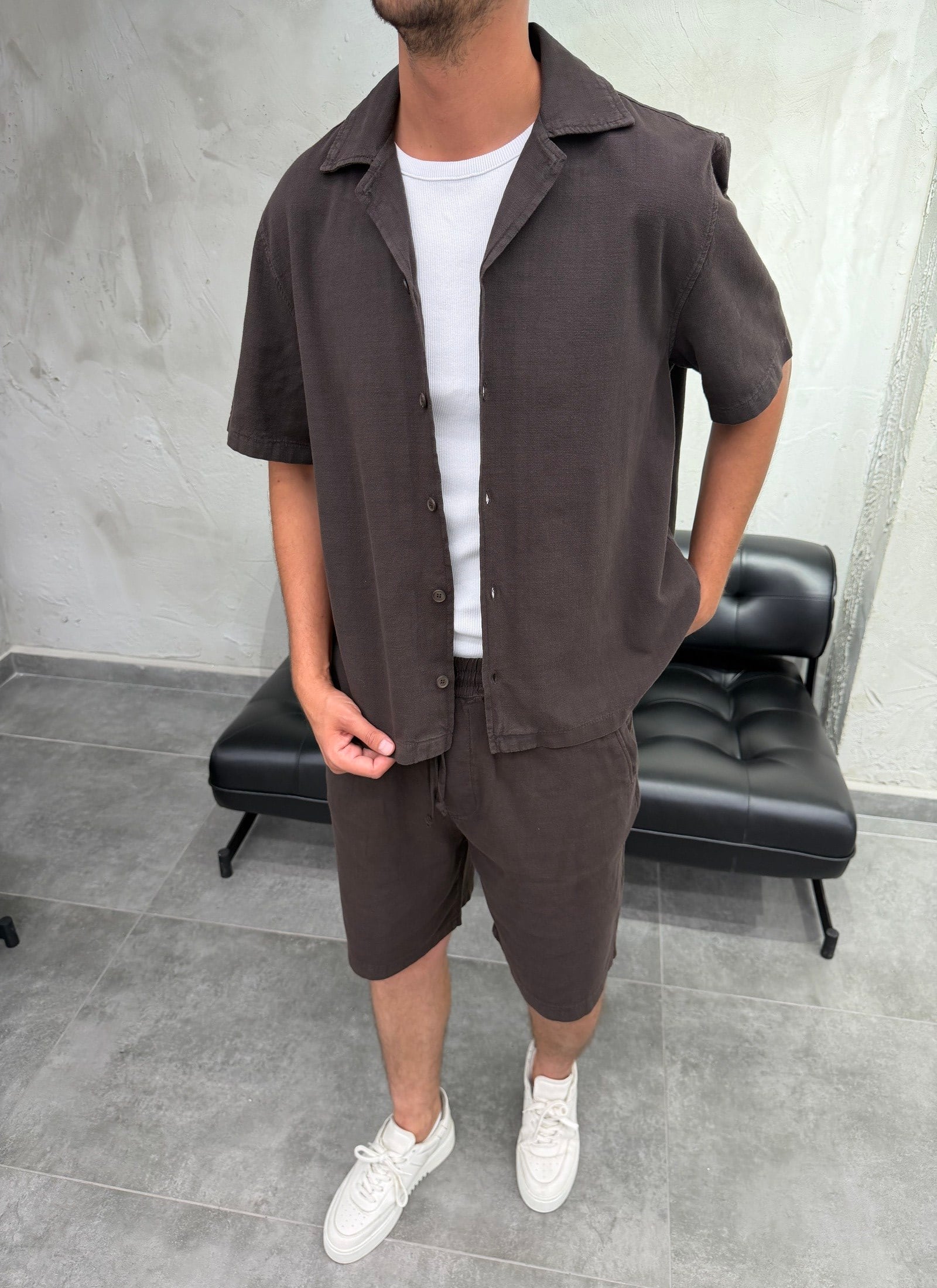Boxy Fit Keten Gömlek Şort Kahve Takım