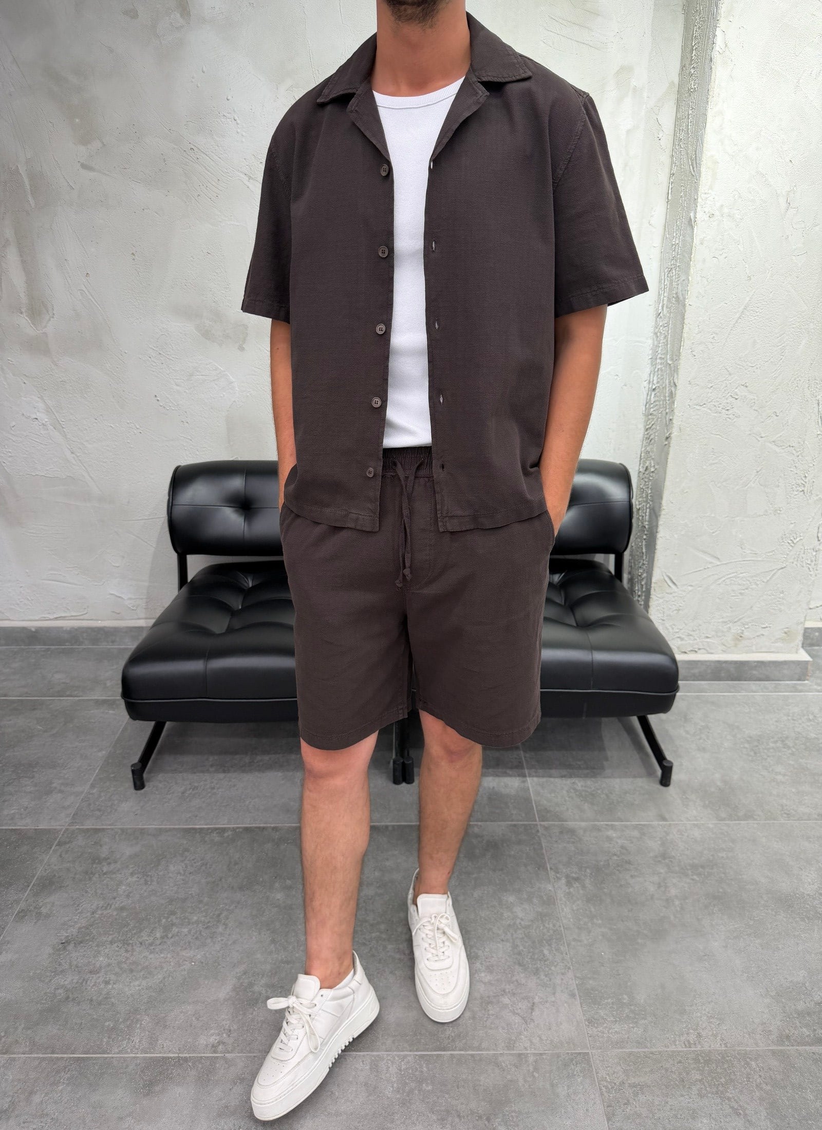 Boxy Fit Keten Gömlek Şort Kahve Takım