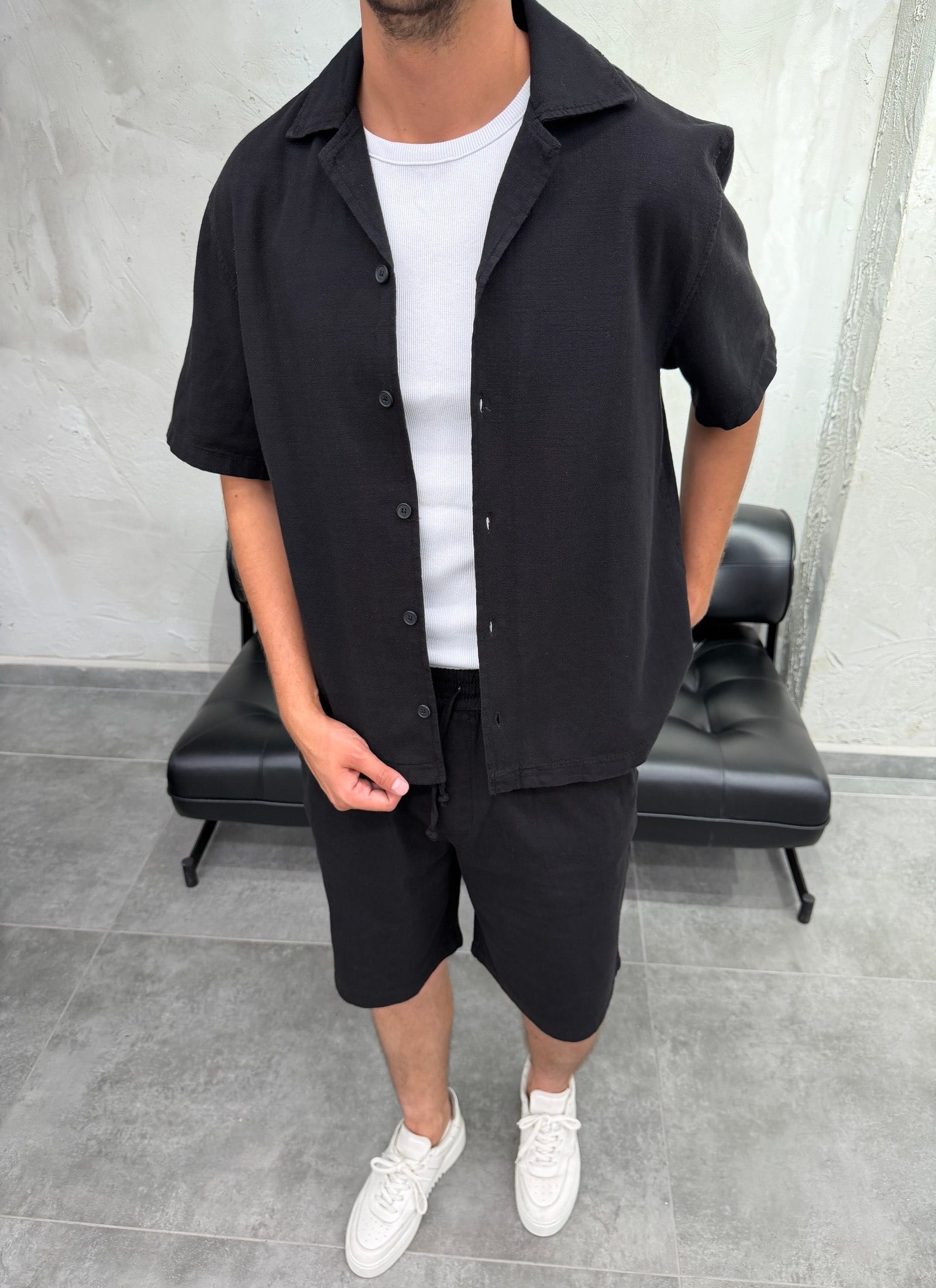 Boxy Fit Keten Gömlek Şort Siyah Takım