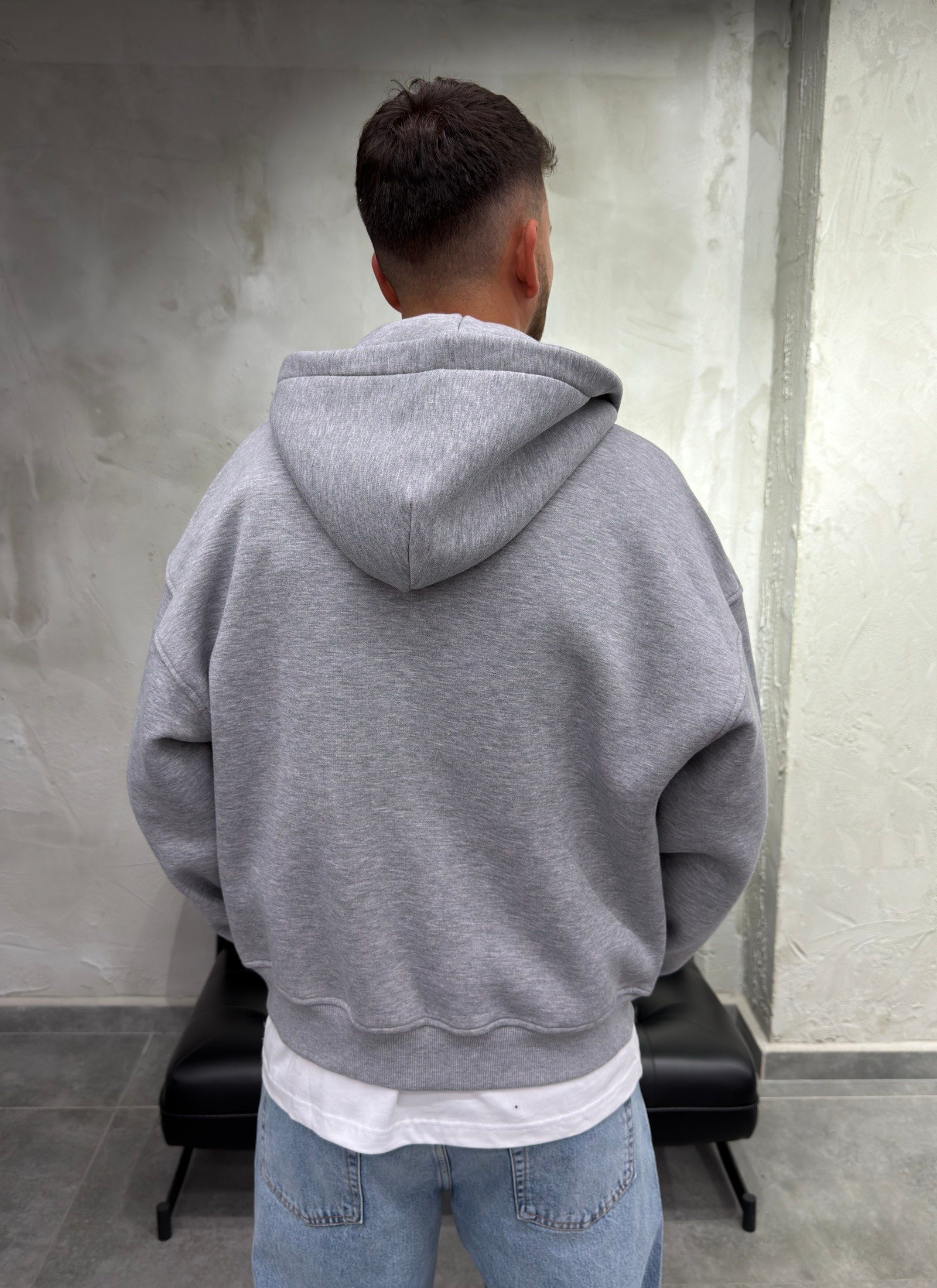 Çift Fermuarlı Şardonlu Oversize Gri Fermuarlı Sweatshirt