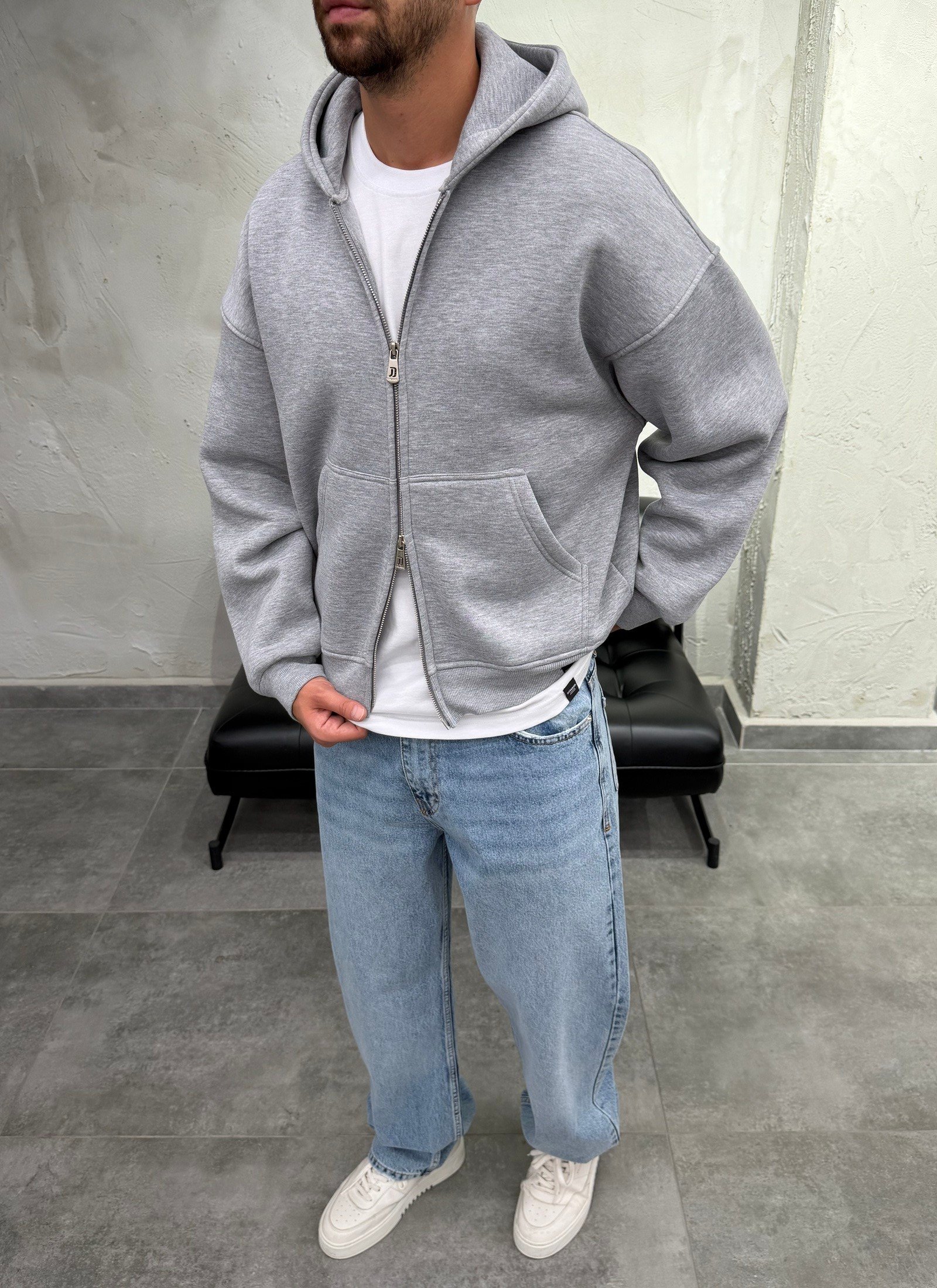 Çift Fermuarlı Şardonlu Oversize Gri Fermuarlı Sweatshirt