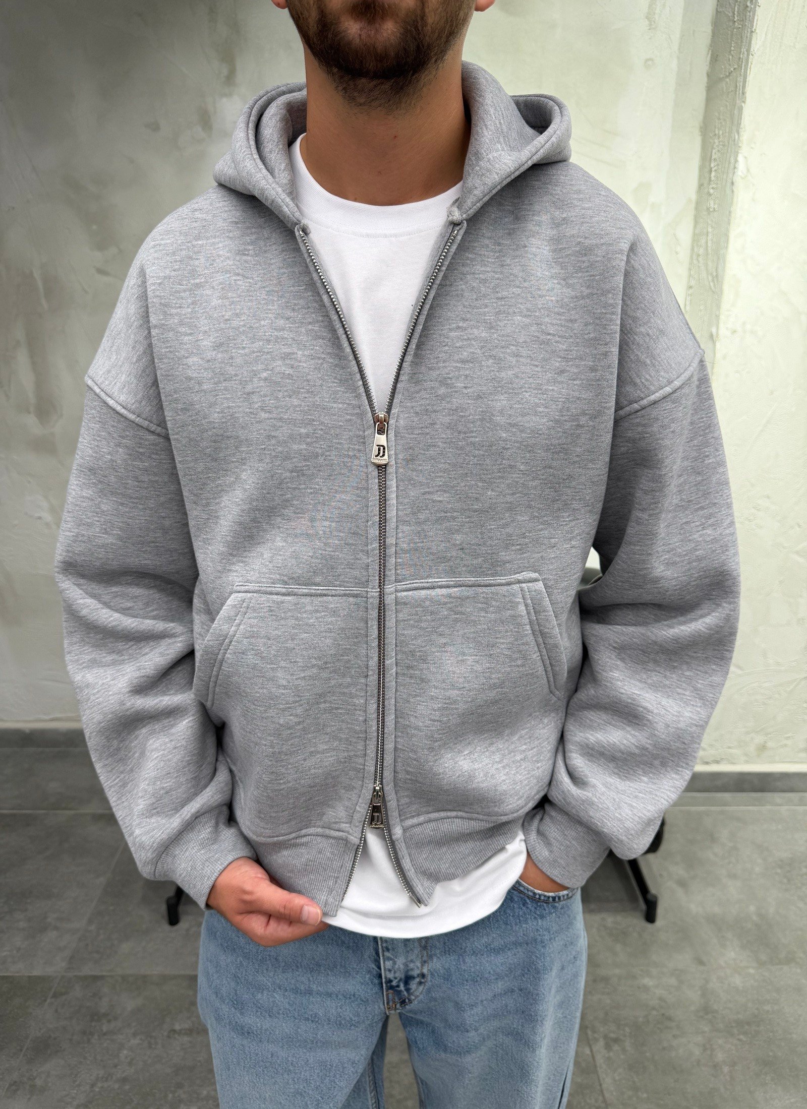 Çift Fermuarlı Şardonlu Oversize Gri Fermuarlı Sweatshirt