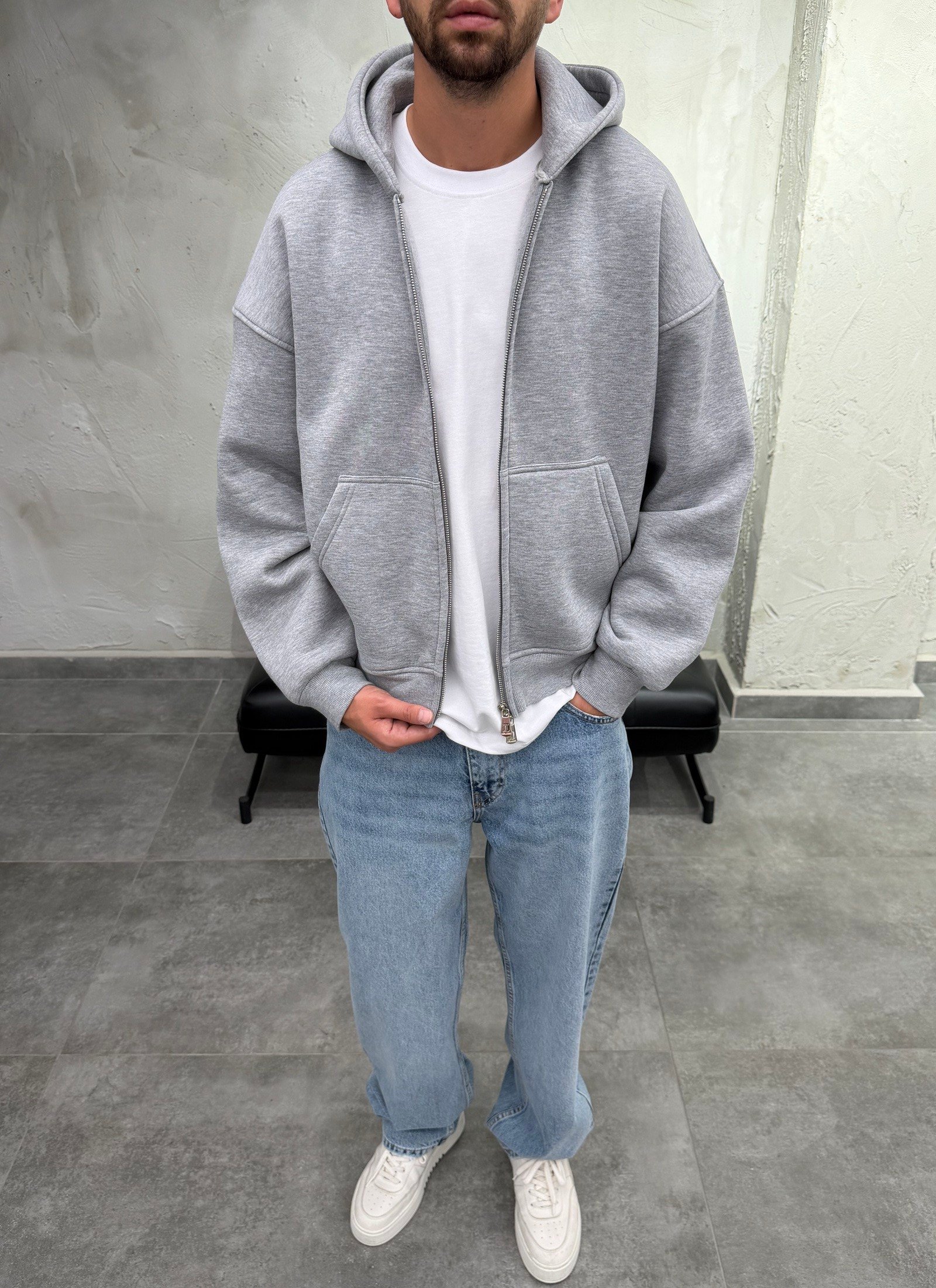 Çift Fermuarlı Şardonlu Oversize Gri Fermuarlı Sweatshirt