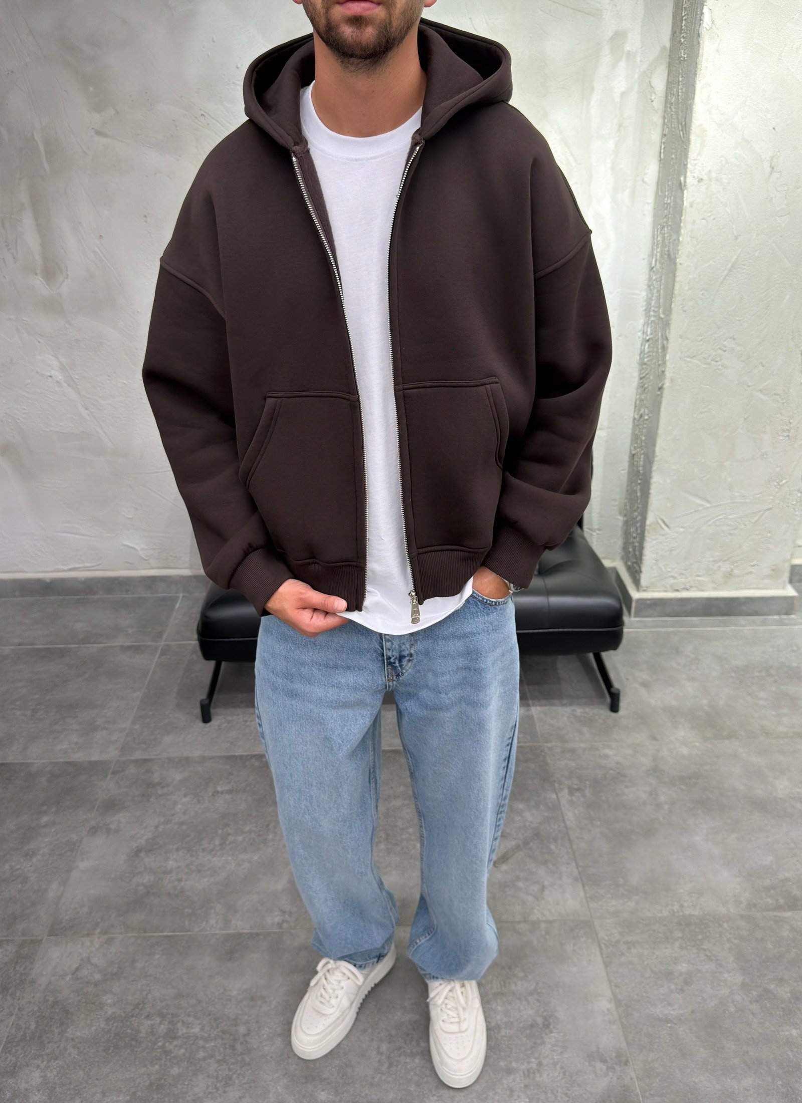 Çift Fermuarlı Şardonlu Oversize Kahve Fermuarlı Sweatshirt