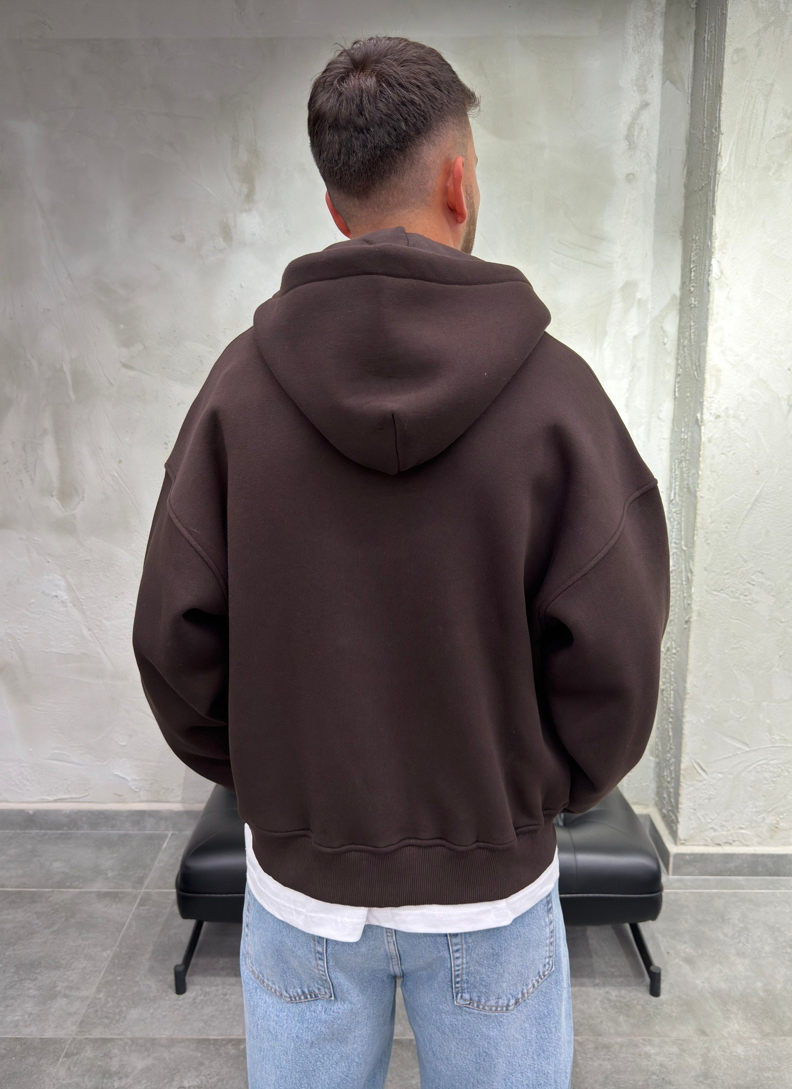 Çift Fermuarlı Şardonlu Oversize Kahve Fermuarlı Sweatshirt