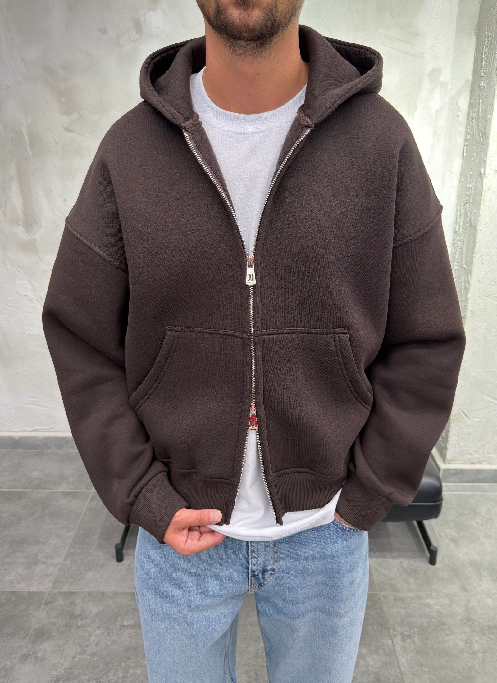 Çift Fermuarlı Şardonlu Oversize Kahve Fermuarlı Sweatshirt
