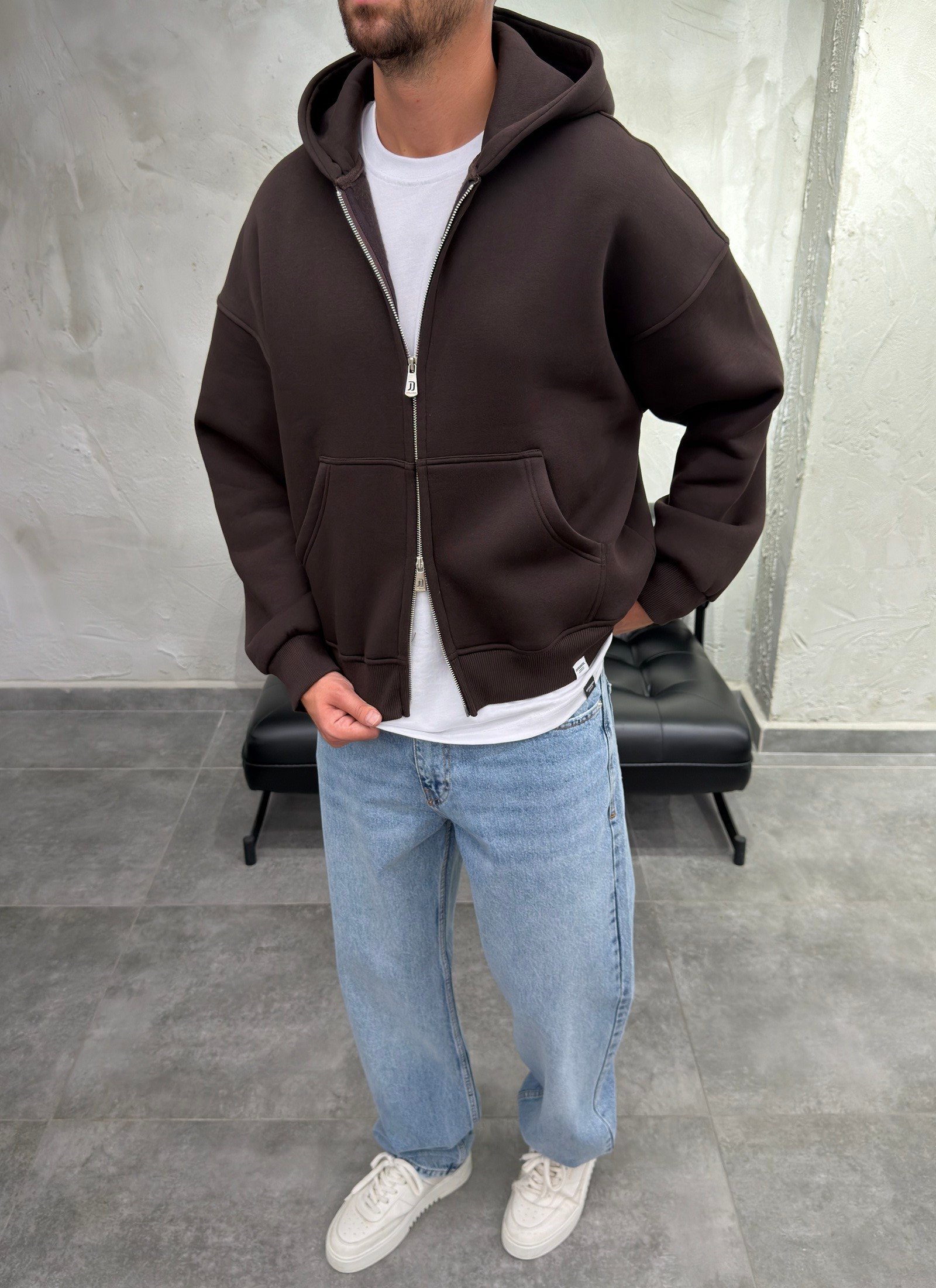 Çift Fermuarlı Şardonlu Oversize Kahve Fermuarlı Sweatshirt