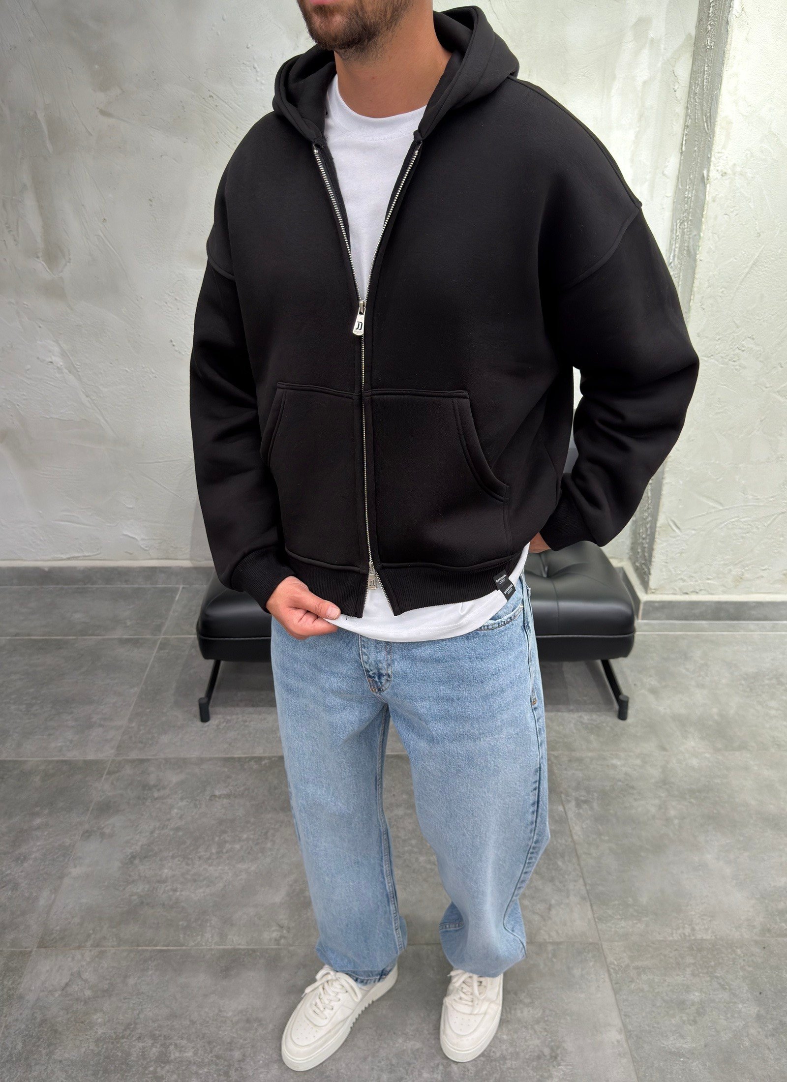 Çift Fermuarlı Şardonlu Oversize Siyah Fermuarlı Sweatshirt