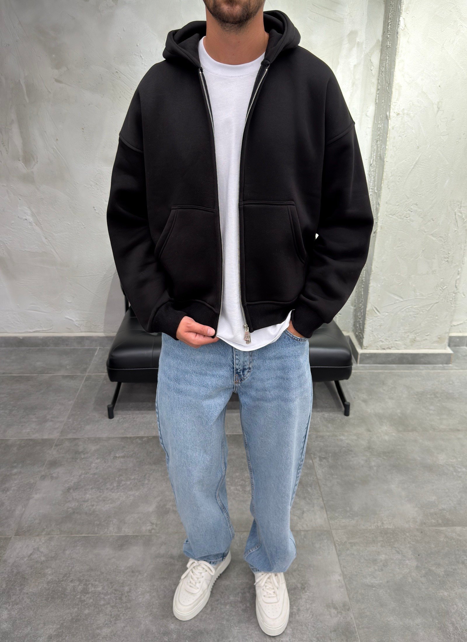 Çift Fermuarlı Şardonlu Oversize Siyah Fermuarlı Sweatshirt