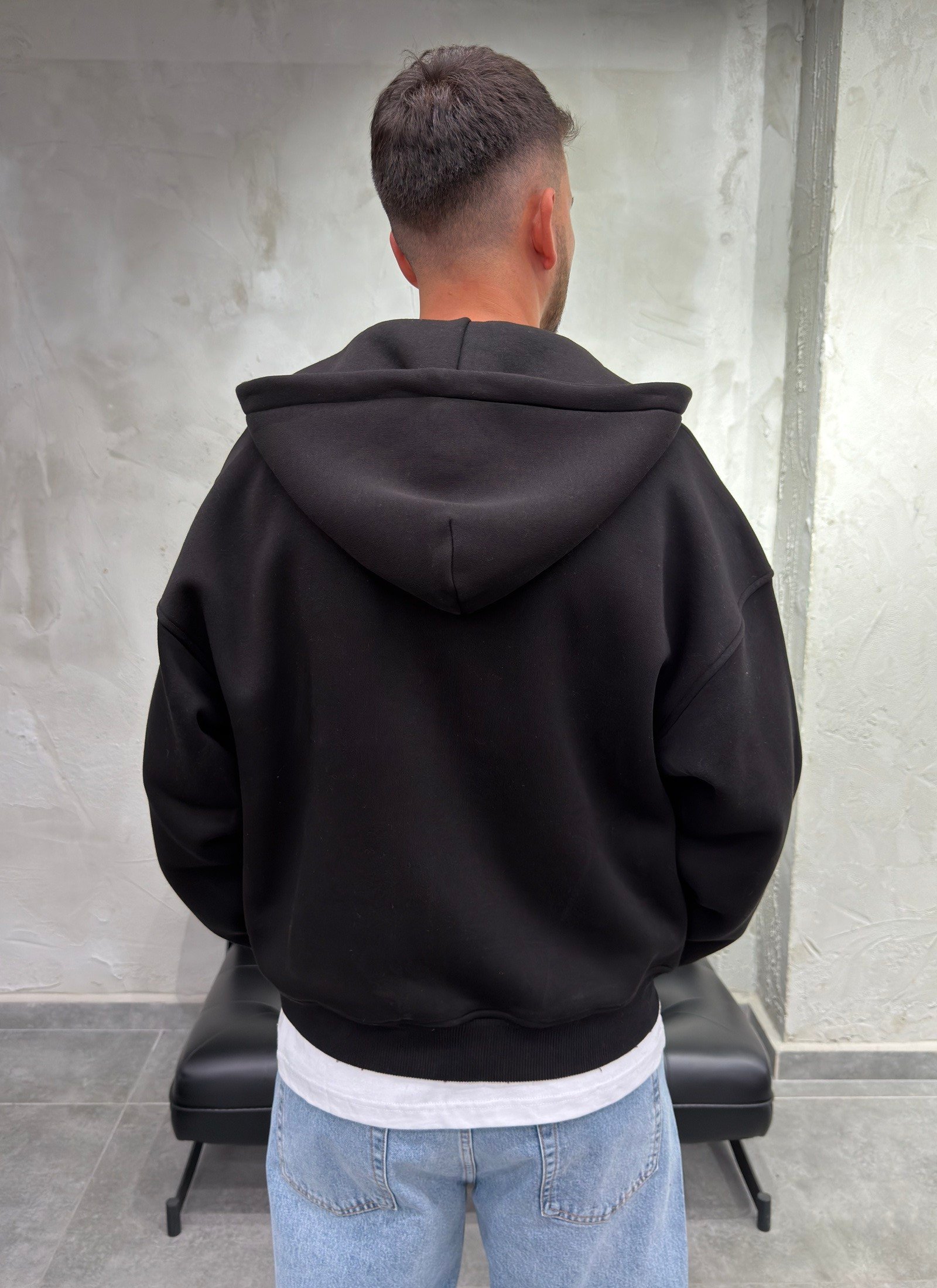 Çift Fermuarlı Şardonlu Oversize Siyah Fermuarlı Sweatshirt